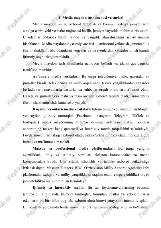 minlashi, shuningdek, ijtimoiy ongni rivojlantirish orqali odamlarni birlashtirishi bilan ahamiyatli hisoblanadi. media maydonning mazmuni va turlari zamonaviy texnologiyalar bilan yanada boyib, inson faoliyatining barcha jabhalarida mustahkam o‘rin egallamoqda. 2. internetning jamiyat hayotidagi o‘rni va ahamiyati internet bugungi kunda jamiyat hayotining ajralmas qismiga aylangan global axborot tarmog‘i hisoblanadi. u insonlar o‘rtasida tezkor muloqot o‘rnatish, bilim va tajriba almashish, ijtimoiy va iqtisodiy faoliyatni yuritish imkonini beradi. internetning rivojlanishi bilan axborot nafaqat tez, balki keng qamrovli va interaktiv tarzda tarqalmoqda. shu sababli internetning jamiyat hayotidagi o‘rni va ahamiyatini bir necha asosiy jihatlar orqali yoritish mumkin: 1. internetning kommunikatsiya va muloqotdagi roli internet odamlar o‘rtasidagi masofani qisqartiradi va global aloqalarni osonlashtiradi. elektron pochta, messenjerlar, ijtimoiy tarmoqlar va videokonferensiyalar orqali odamlar dunyoning istalgan nuqtasida tezkor ravishda muloqot qilishi mumkin. bu esa nafaqat shaxsiy muloqot, balki ishbilarmonlik va ilmiy hamkorlik jarayonlarini ham sezilarli darajada soddalashtiradi. shu tariqa, internet jamiyatda axborot almashuvini tezlashtiruvchi va kommunikatsiya jarayonlarini samarali …