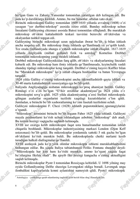 i. bundan ko‘rinadiki hujayrani o‘rganishda uchta asosiy problema-evolyutsiya, avtoregulyatsiya va avtoreproduksiyalarni hal qilishni ko‘zda to‘tish kerak. biologiyani har qanday bo‘limi tirik ob‘ektlarning faqat ma‘lum bir aspektda-morfologik, fiziologik, bioximik, genetik va boshqalarda o‘rgansa, siologiya o‘z ob‘ekti- hujayrasini har tomonlama o‘rganadi. hujayra barcha yashayotgan organizmlarning struktura, funksional va genetik asosi bo‘lgani uchun hamma biologik fanlar sistemasining markazida bo‘ladi. sitologiya tirik tabiat xaqidagi fanning ―og‘ir industriyasi‖ bo‘lib, uning kay darajada taraqqiy etganligiga, biologiya, meditsina va qishloq xo‘jaligining muhim muammolarini ishlab chiqishdagi muvafaqiyat-lariga bog‘likdir. sitologiyaning metodlari va ma‘lumotlaridan foydalanmay havfli o‘sma, yaralarni bitib ketishi, nurdan zararlanish mexanizmlari, dorivor va zaharli moddalarni ta‘siri, imunitet, gibridlashda pushtsizlik va boshqa amaliy jihatdan muhim muammolarni hal qilish mumkin emas. sitologiyaning vazifalari hujayralarning ultrastrukturasi, funksiyasi va rivojlanish qonuniyatlarini o‗rganish; 2. o‗simlik, hayvon va odam organizmining sitologik tuzilishidagi ekologik sharoitga va yoshga bog‗liq o‗zgarishlarni o‗rganish; 3. hujayralardagi morfogenez jarayonlarni boshqarishda nerv, endokrin va immun sistemalarning rolini aniqlashtirish; 4. turli xil …