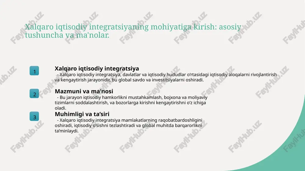 t va ta’siri xalqaro iqtisodiy integratsiya global muhitda raqobatbardoshlikni oshiradi, iqtisodiy barqarorlikni mustahkamlaydi, va mamlakatlarning dunyo bozoriga kirish imkoniyatlarini kengaytiradi. xalqaro iqtisodiy integratsiyaning shakllarini tushunish: asosiy turlar va ularning xususiyatlari 1 turlar xalqaro iqtisodiy integratsiyaning asosiy turlari bo‘lib, erkin savdo hududlari, iqtisodiy birlashmalar va iqtisodiy ittifoqlarni o‘z ichiga oladi. har bir turi turli darajada iqtisodiy hamkorlik va integratsiya imkoniyatlarini taqdim etadi. 2 xususiyatlar har bir integratsiya turi o‘zining xususiyatlariga ega: erkin savdo hududlari bojxona to‘siqlarini olib tashlaydi, iqtisodiy birlashmalar esa umumiy iqtisodiy siyosat va qoidalarni joriy qiladi. bu esa mamlakatlararo iqtisodiy aloqalarni mustahkamlaydi. 3 afzalliklar turli shakllar iqtisodiy rivojlanishni tezlashtiradi, raqobatbardoshlikni oshiradi va mamlakatlarning global bozorlar bilan integratsiyasini qulaylashtiradi. bu esa uzoq muddatli iqtisodiy barqarorlikni ta’minlaydi. erkin savdo hududlari va tarifsiz integratsiya shakllari 1 erkin savdo hududlari erkin savdo hududlari davlatlar o’rtasida bojxona to’siqlarini olib tashlab, tovarlar va xizmatlar erkin harakatini ta'minlaydi, iqtisodiy o’sishni rag’batlantiradi. 2 tarifsiz integratsiya bu shaklda …