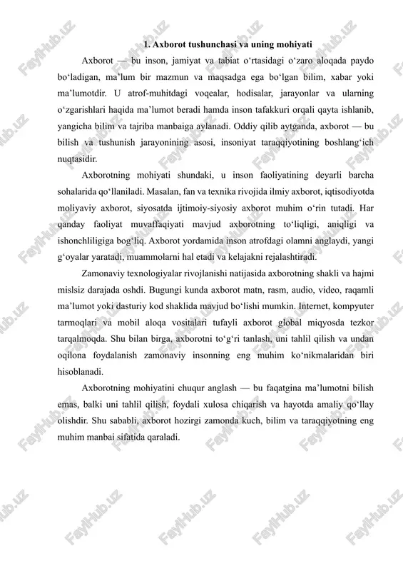 akllantirishda muhim rol o‘ynaydi. davlat organlari, ommaviy axborot vositalari, internet va ijtimoiy tarmoqlar orqali aholiga turli yangiliklar, qarorlar va dasturlar yetkaziladi. bu orqali fuqarolar mamlakatda kechayotgan siyosiy jarayonlardan xabardor bo‘lib, ijtimoiy faollikni oshiradilar. shu bilan birga, axborot siyosiy barqarorlikni saqlash, aholining davlat siyosatiga nisbatan ishonchini mustahkamlashda ham muhim ahamiyatga ega. iqtisodiy sohada esa axborot ishlab chiqarish, marketing, moliya va boshqaruv jarayonlarining yuritilishida markaziy rol o‘ynaydi. ishlab chiqaruvchilar bozor holatini tahlil qilish, raqobatchilar faoliyatini o‘rganish, xaridorlar ehtiyojini aniqlash uchun axborotdan foydalanadilar. axborot texnologiyalarining joriy etilishi natijasida iqtisodiy samaradorlik, mehnat unumdorligi va resurslardan foydalanish darajasi sezilarli oshdi. ayniqsa, raqamli iqtisodiyot va elektron tijoratning rivojlanishi tufayli axborot yangi darajada iqtisodiy boylik sifatida qaralmoqda. bugungi kunda kimda axborot ko‘p bo‘lsa, o‘sha raqobatda ustunlikka ega bo‘ladi. ijtimoiy hayotda axborot insonlar o‘rtasidagi muloqotni ta’minlaydi, ularni birlashtiradi va umumiy maqsad sari yo‘naltiradi. ijtimoiy tarmoqlar, ommaviy axborot vositalari va internet orqali insonlar nafaqat yangiliklardan xabardor bo‘ladilar, balki o‘z …