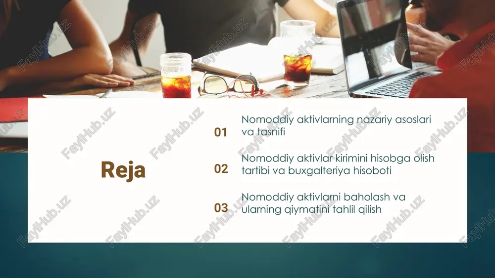 g kelajakdagi rivojlanishida muhim rol o'ynaydi. ta'sir va muammolar yangi texnologiyalar bilan bog'liq xavf-xatarlar, huquqiy va iqtisodiy muammolar kelajakda muhim ahamiyatga ega. nomoddiy aktivlar: kelajakdagi rivojlanish nomoddiy aktivlarning kelajakdagi rivojlanish tendensiyalari texnologik innovatsiyalar, raqamli transformatsiya va huquqiy muhitdagi o'zgarishlar bilan belgilanadi. nomoddiy aktivlar kirimini hisobga olish nomoddiy aktivlar kirimini hisobga olish jarayoni aktivlarning huquqiy va iqtisodiy qiymatini aniqlashdan boshlanadi. bu jarayon moliyaviy hisobotlar uchun muhim bo'lib, aktivlarning turiga va foydalanish maqsadiga qarab, kirimlarni rasmiy tarzda qayd etishni talab qiladi. kirimlar turiga ko'ra litsenziyalar, patentlar, brendlar va intellektual mulk kabi aktivlardan olinadigan daromadlar kiradi. ularni to'g'ri tasniflash va yozib qo'yish, moliyaviy holatni aniqlik bilan ko'rsatishda muhim ahamiyatga ega. kirimlar aktiv turiga, manba va foydalanish maqsadiga qarab tasniflanadi. aniq yozib qo'yish (miqdor, sana, usullar) moliyaviy hisobotlarning ishonchliligini ta'minlaydi, shuningdek, soliq va boshqa moliyaviy talablarni bajarishda yordam beradi. buxgalteriya hisoboti va uning qoidalari buxgalteriya hisoboti moliyaviy holat va faoliyat natijalarini aniqlash uchun asosiy …