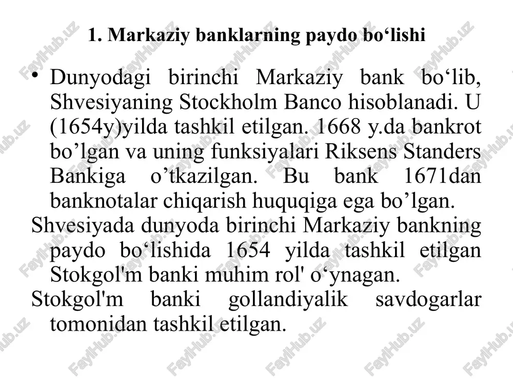 bistoni, singapur va lixtenshteynda markaziy bank mavjud emas. 9 1. markaziy banklarning paydo bo‘lishi davlatning iqtisodiy siyosatini ishlab chiquvchilar 2 ga bo‘linadi: 1. fiskal hokimiyat 2. pul hokimiyati fiskal hokimiyat moliya vazirligi bo‘lib, u soliq-byudjet siyosatiga javob beradi. pul hokimiyati markaziy bank bo‘lib, u pul-kredit siyosatiga (monetar siyosat) javob beradi. markaziy bankning turlari mulkchilik shakliga ko'ra boshqarish xarakteriga ko'ra qonunchilik aktlarni mavjudligi bo'yicha xizmat ko'rsatish ob'ektlari bo'yicha mustaqilligi bo'yicha davlat bank oddiy aktsionerlik jamiyatiga o'xshash shaklda boshqariladi, xususiy aktsionerlar tomonidan saylanadi markazi bankning vazifalari va maqsadi “markaziy bank” to'g'risidagi qonunda aks ettiriladi. davlat va tijorat banklariga xizmat ko'rsatadi mustaqil aktsioner davlat tomonidan boshqariladigan bank markaziy bankning qonunchilik jihatlari faqat asosiy jihatlari aks ettiriladi. davlat, tijorat banklari va yuridik shaxslarga xizmat ko'rsatadi. mustaqil, lekin hukumat oldida hisobot beradi aralash bank aktsionerlar va davlat tomonidan aralash shaklda boshqariladi. markaziy bankning vaziflari asosan milliy an'analarga asoslanadi. davlat, tijorat banklari, yuridik shaxslar va jismoniy …