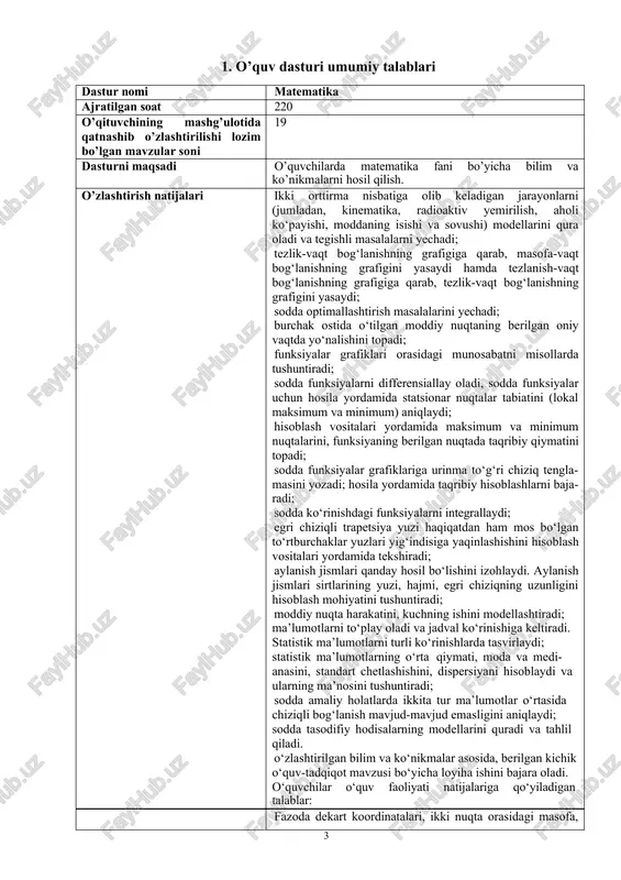 turlari va kesimlari, muntazam piramidaning xossalaridan foydalanadi; piramidaning yon sirti, to‘la sirti va hajmini hisoblaydi; piramida yoyilmasi va uni yasashga doir ish bajaradi; konus, kesik konus, ularning elementlari va kesimlarini biladi; konus va kesik konusning yon sirti va to‘la sirtini topadi; konus yoyilmasi va uni yasashni bajaradi; piramidaga ichki va tashqi chizilgan konuslarni tasavvur qiladi; konusning hajmini topadi; sfera, uning elementlari va kesimlari biladi; sferaning sirti sferik segment va kamarning sirtini topadi; shar, uning elementlari va kesimlarini tasavvur qiladi; sharga ichki va tashqi chizilgan ko‘pyoqliklar, konuslar va silindrlarga doir bilimlarga ega; sharning hajmi, shar sigmenti, sektori va qatlamining hajmini topadi; muntazam ko‘pyoqliklar va ularning turlarini biladi; sharga tashqi chizilgan ko‘pyoqlikning hajmini hisoblaydi; muntazam ko‘pyoqliklarning yoyilmalari va ularni yasaydi va yechadi. o‘zlashtirilgan bilim va ko‘nikmalar asosida, berilgan kichik o‘quv- tadqiqot mavzusi bo‘yicha loyiha ishini bajara oladi. bilimlar to‘plam tushunchasi, to‘plamlar ustida amallar; mulohazalar. inkor, kon’yuksiya va diz’yunksiya. mantiqiy tengkuchlilik; mantiqiy qonunlar. …
