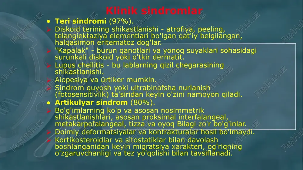 ratsiya, fibroz va trofik buzilishlarning o'zgaruvchan fazalari. teri zich, tarang, porloq va pastki to'qimalar bilan birlashadi. bolalarda diffuz teri lezyonlari kam uchraydi (2%). s rest sindromi sifatida tanilgan qo'l va yuz terisining shikastlanishi bilan diabetning cheklangan shakli keng tarqalgan . rest sindromi : teri osti kalsinozi, raynaud fenomeni, qizilo'ngach harakatining buzilishi, sklerodaktiliya va telangiektaziya. telangiektaziyalar diabetdagi teri sindromining muhim elementidir. klinik sindromlar 2. reyno sindromi 55% hollarda uchraydi. bu tananing va ichki organlarning o'ziga xos joylariga arterial qon oqimining paroksismal buzilishidir. klassik raynaud sindromi uch bosqichda sodir bo'ladi: vazospazm (ta'sirlangan hududning oqarishi), venoz staz (siyanoz) va reaktiv giperemiya (og'riq bilan birga). sindromning periferik variantida barmoqlar , burun, lablar, til va boshqalar ta'sirlanadi. umumiy variant buzilishlarning visseral lokalizatsiyasi (qon bosimining oshishi, to'satdan ko'rishning yo'qolishi) va boshqalar bilan tavsiflanadi. klinik sindromlar 3. bo'g'im sindromi - fleksiyon kontrakturalari bilan psevdoartrit, periartikulyar to'qimalarning birlamchi sklerotik shikastlanishi tufayli artikulyar xaftaga o'zgarmagan, ammo tirnoq falanjlari osteoliz …