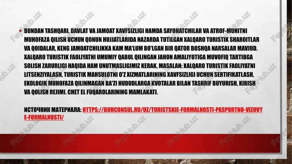 osiy turlari xalqaro turizmning rivojlanishiga turli davlatlarning bojxona tizimlari sezilarli ta'sir ko'rsatmoqda. mamlakatning bojxona qonunchiligi ham xalqaro faoliyatni rivojlantirishga to'sqinlik qilishi, ham o'z hissasini qo'shishi mumkin. turistik rasmiyatchilik - sayyohlar, davlat chegarasini kesib o'tgan shaxslar tomonidan mamlakatga kirish va qolish davlat organlari tomonidan o'rnatilgan ayrim shartlar, qoidalar va talablarga rioya qilish bilan bog'liq protseduralar. turistik rasmiyatchilik sayohatlardagi to'siqlarni bartaraf etishga, turistlarning boshqa mamlakatlar va mintaqalarga tashrif buyurishi uchun sharoitlarni yaratishga qaratilgan bo'lishi kerak. istochnik materiala: https://buhconsul.ru/uz/turistskie-formalnosti-pasportno-vizovye-formalnosti/ turistik rasmiyatchilik bir nechta katta bo'limlarga bo'linadi va quyidagilarni o'z ichiga oladi: - xorijiy pasportlar, - vizalar, - bojxona qoidalari, - valyuta nazorati va valyuta almashinuvi tartib-qoidalari, - sanitariya qoidalari, - kirish-chiqish rejimi, - chet ellik sayyohlarning mamlakatda bo'lish va harakatlanish xususiyatlari, - immigratsiya qoidalari va boshqa ba'zi tartib-qoidalar. xalqaro turizmda politsiya va sanitariya rasmiyligini farqlash odat tusiga kirgan. politsiya rasmiylashtiruvi - bu davlat chegarasini kesib o'tgan shaxslarning belgilangan pasport-viza rejimiga muvofiqligini tekshirish bilan …