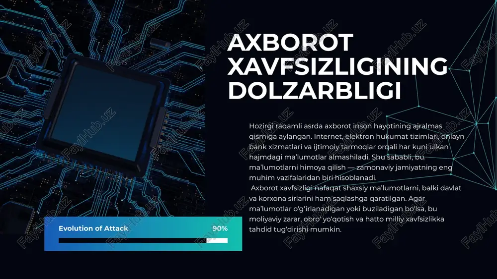 n, xatoliklar), yoki tabiiy (masalan, zilzila, yong‘in) bo‘lishi mumkin. har bir xavf uchun mos choralar belgilanadi. axborot xavfsizligiga tahdidlar axborot xavfsizligiga ko‘plab tahdidlar mavjud. eng keng tarqalgani — zararli dasturlar (virus, troyan, fishing), shaxsiy ma’lumot o‘g‘irlanishi, sabotaj, yoki axborot bilan shantaj qilish (ransomware). bunday tahdidlar foydalanuvchi xabardorligining pastligi yoki himoya tizimining zaifligi sababli yuz beradi. zararli dasturlar (malware) zararli dasturlar — bu foydalanuvchining xabarisiz tizimga kirib, unga zarar yetkazuvchi dasturlar. viruslar o‘zini ko‘paytiradi, troyanlar esa foydali ko‘rinib, aslida zarar keltiradi. fishing esa foydalanuvchini aldab, login va parollarni o‘g‘irlaydi. umumiylik shaxsiy ma’lumotlarni himoya qilish bugungi kunda shaxsiy ma’lumotlar eng qimmatli resurslardan biridir. parollar, pasport raqamlari, bank ma’lumotlari — bular barchasi kiberjinoyatchilar nishonida. shaxsiy ma’lumotlarni himoya qilish uchun kuchli parollar, ikki faktorli autentifikatsiya va antivirus dasturlaridan foydalanish lozim. ijtimoiy muhandislik (social engineering) axborotni shifrlash (encryption) shifrlash — bu ma’lumotni maxfiy ko‘rinishga keltirish texnologiyasi bo‘lib, uni faqat maxsus kalit orqali o‘qish mumkin. bugungi …