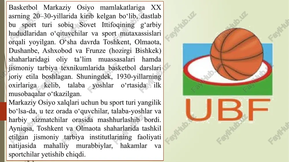 h sportchilarni tayyorlamoqda. basketbolning markaziy osiyoda keng rivojlanishi mintaqa xalqlari o‘rtasida do‘stlik, sportiy hamkorlik va sog‘lom turmush tarzini shakllantirishga katta hissa qo‘shmoqda. bu jarayon bugun ham davom etib, har yili yangi musobaqalar, xalqaro turnirlar va yoshlar ligalari tashkil etilmoqda. 2. mustaqillikdan keyingi davrda basketbol rivoji 1991-yilda sobiq ittifoq parchalanganidan so‘ng, markaziy osiyo mamlakatlarida mustaqil basketbol federatsiyalari tashkil qilindi. har bir mamlakat o‘z milliy chempionatlarini yo‘lga qo‘ydi. o‘zbekistonda 1992-yildan boshlab “o‘zbekiston basketbol federatsiyasi” faoliyat yurita boshladi. respublikada har yili o‘tkaziladigan “o‘zbekiston kubogi” va “milliy chempionat” musobaqalari yoshlar o‘rtasida basketbolning ommalashuviga katta turtki berdi. qozog‘iston, qirg‘iziston, tojikiston va turkmaniston ham o‘z milliy jamoalarini tuzib, osiyo chempionatlarida qatnasha boshladilar. hozirgi kunda markaziy osiyo mamlakatlari o‘rtasida hamkorlikda o‘tkaziladigan “markaziy osiyo kubogi” musobaqalari sportchilarni birlashtirib, tajriba almashish imkonini bermoqda. 1991-yilda sobiq sovet ittifoqi parchalanganidan so‘ng, markaziy osiyo mamlakatlarida yangi tarixiy davr boshlandi. mustaqillik yillarida har bir davlat o‘zining milliy sport siyosatini shakllantira boshladi. shu jarayonda …