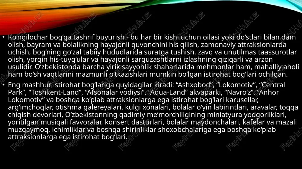 ‘tkaziladi. majmua zamonaviy yoritish va akustika tizimlari bilan jihozlangan. shahardagi eng asosiy joy. istirohat bog‘lari qanday ko‘rinishda bo‘lishi kerak? shahar umumiy manzarasi qanday bo‘lishi kerak? mutaxassislarning fikricha, mana bunday: bog‘lar, xiyobonlar, yo‘llar, daryo va ko‘llar, uylar hamda bo‘sh sanoat zonalari. ha, shaharda faqat uylar, «dom»lar, «kottejlar», do‘konlar, biznes markazlari, xullas, faqat sotish mumkin bo‘lgan joylar bo‘lmasligi kerak. shaharlarda binolar joylashgan hududlardan kam bo‘lmagan miqdorda yashillik, parklar, bog‘lar, sayilgohlar bo‘lishi shart. aks holda ekologik balans yo‘qoladi, bu tabiatning «jahlini chiqaradi». jahli chiqqan tabiat esa insoniyatga aytaylik qurg‘oqchilik bilan «hujum qilishi mumkin». bugun shaharlarda yashillik yo‘qolib borayotgani haqida ko‘p gapirilmoqda. chindan katta shaharlarimizga qarasangiz, asosan, binolar va asfaltni ko‘rasiz. 34travel.me sayti a1 ekoloyihasi bilan birgalikda tayyorlagan quyidagi materialni o‘qisangiz, bizda yashillik yo‘qolib borayotgani haqida fikringiz keskin o‘zgaradi. bizda yashillik va parklar yo‘qolib boryapti emas, ular deyarli bo‘lmagani haqida xulosaga kelasiz. bizda istirohat bog‘i deganda ichi to‘la magazin, bolalar uchadigan va albatta, pulli …