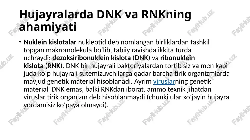 os deb ataladi?] dnkdagi har bir nukleotid toʻrtta azot asosdan bittasiga ega: adenin (a), guanin (g), sitozin (s) va timin (t). adenin va guanin purinlar boʻlib, ularning tarkibida ikkita uglerod-azot saqlovchi halqa mavjud. sitozin va timin esa pirimidinlar hisoblanib, bitta uglerod-azot halqasiga ega. rnk nukleotidlari ham adenin, guanin va sitozin asoslariga ega, ammo timin oʻrniga ularda uratsil (u) deb ataladigan boshqa pirimidin asosi mavjud. yuqoridagi rasmda koʻrsatilgandek, har bir asos halqasiga turlicha funksional guruhlar birikkan boʻlib, har bir asosning oʻziga xos xususiyatga ega boʻlishini taʼminlaydi. molekulyar biologiyada azot asoslar asosning birinchi harfini keltirish orqali ifodalanadi, bu quyidagicha: a, t, g, s va u. dnk a, t, g va s dan iborat, rnk esa a, u, g va s dan iborat (yaʼni t oʻrniga u boʻladi). uglevodlar turli azot asoslari toʻplamiga ega boʻlishdan tashqari, rnk va dnk har xil uglevod molekulalarini oʻzida tutadi. dnkdagi beshta uglerodli uglevod dezoksiriboza, rnkdagi beshta uglerodli …