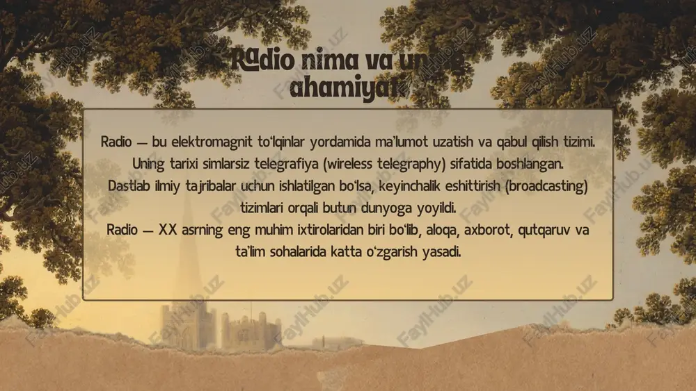 ismiga aylangan ixtirodir. maksvell va gerts nazariyasi, lodj, bose, lebedev va markoni tajribalari radio texnologiyasining poydevorini yaratdi. bugungi kunda radio aloqa, televideniye, internet va sun’iy yo‘ldosh tizimlarining rivojlanishida asosiy o‘rin tutadi. etiboringiz uchun rahmat image1.jpeg image2.png image3.png image4.png image5.jpeg image6.png /docprops/thumbnail.jpeg