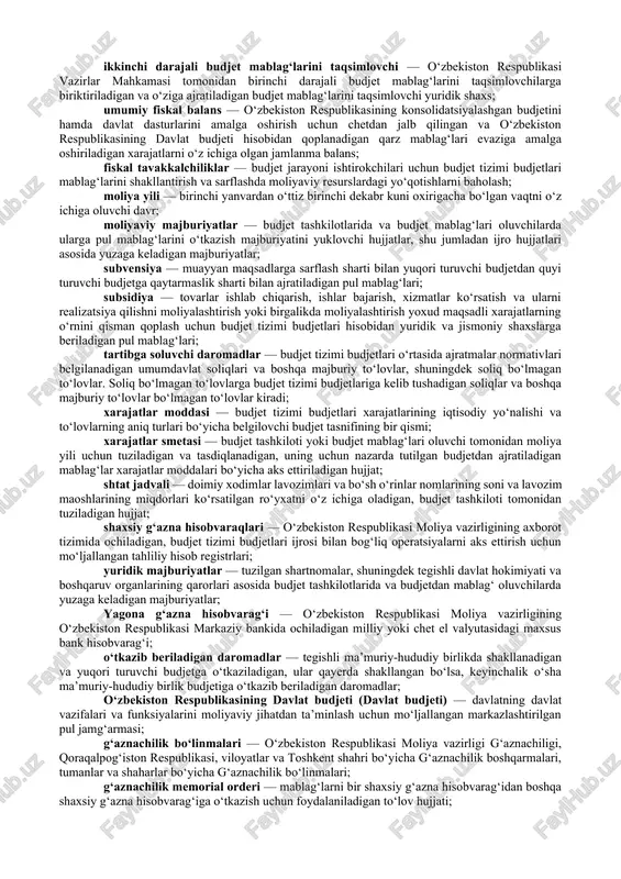 ib ketishi; vaqtinchalik xarajatlar smetasi — budjet tashkilotining yoki budjet mablag‘lari oluvchining xarajatlar smetasi tasdiqlanguniga va ro‘yxatdan o‘tkazilguniga qadar amal qiladigan hujjat bo‘lib, unda qonunchilikdagi o‘zgartirishlar hisobga olingan holda uning uchun nazarda tutilgan budjetdan ajratiladigan mablag‘lar har oy uchun aks ettiriladi; davlat budjetining birlamchi profitsiti — muayyan davr uchun o‘zbekiston respublikasining davlat budjeti xarajatlaridan davlat qarziga xizmat ko‘rsatish bo‘yicha foiz to‘lovlarni chiqarib tashlagan holda hisoblanadigan davlat budjeti profitsiti; davlat budjetining birlamchi taqchilligi — muayyan davr uchun o‘zbekiston respublikasining davlat budjeti xarajatlaridan davlat qarziga xizmat ko‘rsatish bo‘yicha foiz to‘lovlarni chiqarib tashlagan holda hisoblanadigan davlat budjeti taqchilligi; davlat budjeti profitsiti — muayyan davrda o‘zbekiston respublikasining davlat budjeti daromadlarining uning xarajatlaridan oshib ketishi; davlat budjeti taqchilligi — muayyan davrda o‘zbekiston respublikasining davlat budjeti xarajatlarining uning daromadlaridan oshib ketishi; davlat moliyaviy nazorati — budjet to‘g‘risidagi qonunchilikning ijrosi ustidan nazoratni amalga oshirish maqsadida davlat moliyaviy nazorati obyektlarining buxgalteriya, moliya, statistika, bank hujjatlarini va boshqa hujjatlarni …