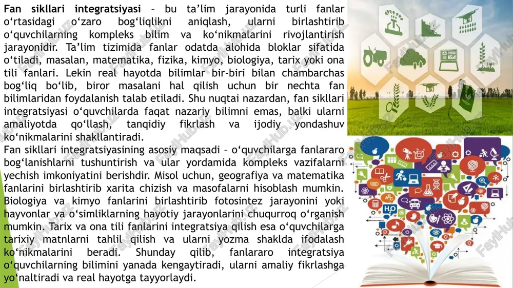 sh qobiliyatini oshiradi. o‘quvchilar masalan, uyda energiyani tejash, bog‘da o‘simliklarni parvarishlash, hududni toza saqlash kabi masalalarda turli fan bilimlarini qo‘llashni o‘rganadilar. bu esa ularni amaliyotga tayyorlaydi, muammolarni hal qilishda mantiqiy fikrlash va ijodiy yondashuvni uyg‘otadi. fan sikllari integratsiyasi darslarda turli metodlar orqali samarali qo‘llaniladi. eng samarali usullardan biri – interaktiv muhokama. o‘qituvchi o‘quvchilarga mavzu bilan bog‘liq savollar beradi va ularning fikrlarini muhokama qiladi. masalan, “agar siz shahar bog‘ini loyihalashtirsangiz, qaysi fan bilimlaridan foydalanasiz?” savoli orqali o‘quvchilar fanlararo bog‘lanishni o‘zlari aniqlashadi. bu jarayonda o‘quvchilar turli fanlardan bilimlarni birlashtirishga harakat qiladi, fikrlash ko‘nikmalarini rivojlantiradi va o‘z yechimlarini asoslab beradi. ikkinchi samarali metod – kazuslar yoki muammoli vaziyatlar tahlili. o‘quvchilarga hayotiy yoki tasavvuriy vaziyatlar beriladi va ular turli fanlar bilimlarini qo‘llab, masalani hal qilishga harakat qiladi. masalan, “maktabning sport maydonini loyihalash” vazifasida matematika yordamida maydonni hisoblash, fizika yordamida qurilish barqarorligini tahlil qilish, biologiya yordamida maydondagi o‘simliklarni va ekologik muhitni tanlash talab qilinadi. bu …