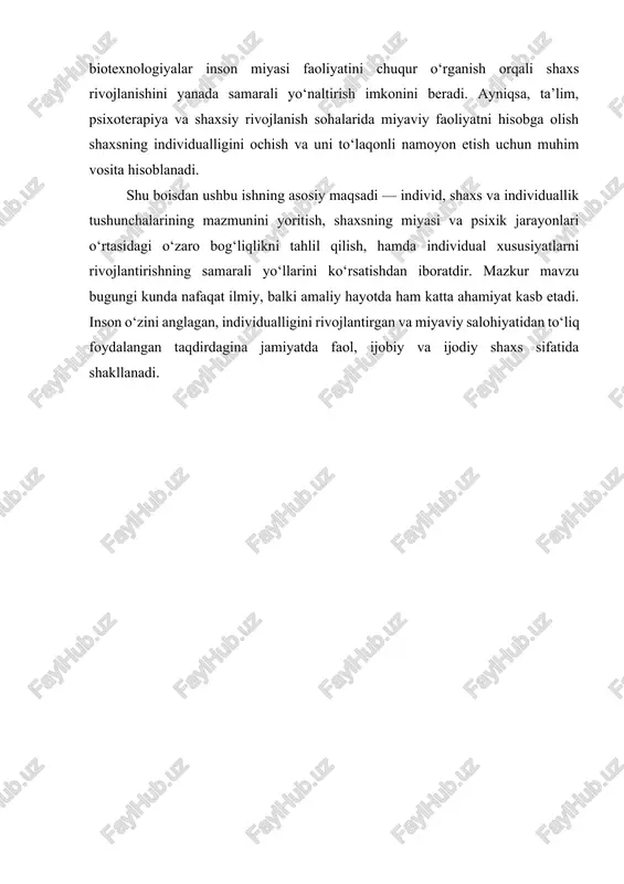 aniqlovchi omillarni tahlil qilish bizga inson tabiatini yanada chuqurroq tushunishga yordam beradi. ilmiy adabiyotlarda «individ» atamasi odatda organizmning biologik noyobligini ifodalaydi — genetik jihatdan noyob shaxs, u tug‘ilishdan boshlab o‘zgarmas biologik xususiyatlarga ega bo‘ladi. individ organizmiy jihatdan cheksiz takrorlanuvchilardan farq qiladi: har bir inson genetik to‘plami, gormonal balanslari, neyrofiziologik xususiyatlari va fiziologik reaksiyalari bilan o‘ziga xosdir. shu bilan birga, falsafiy qarashlarda individ tushunchasi insonning ontologik jihatdan yagona mavjudligi, o‘ziga xos sub’ektiv tajribasi va mavjudlik masalalariga ham taalluqlidir. falsafiy nuqtai nazardan qaralganda, individ insonning o‘ziga xosligini, uning ichki sub’ektivligi va ongining shaxsiy tajribalarini ta’kidlaydi. falsafa tarixida individ tushunchasi insonning erkinligi, mas’uliyati va o‘zini anglashiga bog‘liq muhim mavzu sifatida ko‘plab muhokamalarga sabab bo‘lgan. shaxs (personality) tushunchasi esa psixologiya sohasida rivojlangan bo‘lib, odatda ijtimoiy kontekstda shakllangan xulq-atvor, hissiyot, motivatsiya va kognitiv uslublarning nisbatan barqaror majmuini bildiradi. shaxs — bu individualning ijtimoiy rol va vazifalarni bajarishidagi xarakterli uslubi, qadriyatlar tizimi, identifikatsiya va o‘zini o‘zi …