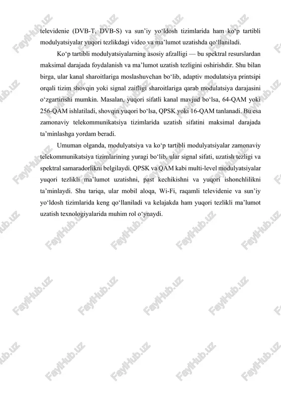 tsiyalash (qpsk (quadrature phase shift keying)) kvadratlarning fazaviy manipulyatsiyalash (qpsk) — bu fazaviy manipulyatsiyalash (phase shift keying, psk) texnologiyasining eng keng tarqalgan shakllaridan biri bo‘lib, zamonaviy raqamli telekommunikatsiya tizimlarida keng qo‘llaniladi. qpskning asosiy g‘oyasi shundaki, signalning fazasini o‘zgartirish orqali ikkilik ma’lumotlarni uzatish amalga oshiriladi. oddiy pskda har bir signal elementi faqat bitta bitni uzatadi (binary psk), ammo qpsk da har bir signal elementi ikki bitni uzatadi, bu esa spektal samaradorlikni ikki barobar oshirish imkonini beradi. 1-rasm. qpsk signal ishlab chiqarish qpskning ishlash printsipi shundaki, uzatiladigan signalning fazasi 0°, 90°, 180° yoki 270° bo‘lishi mumkin. har bir faza ikki bitlik kombinatsiyaga mos keladi: masalan, 00, 01, 10 yoki 11. shu tariqa, ikkita bit bir signal elementida uzatiladi va shu bilan birga, xuddi bpskga qaraganda ikki barobar ma’lumot uzatish tezligi oshadi, spektral samaradorlik esa sezilarli darajada yaxshilanadi. qpsk signalini hosil qilish uchun ikkita ortogonal tashqi signal — in-phase (i) va quadrature (q) …