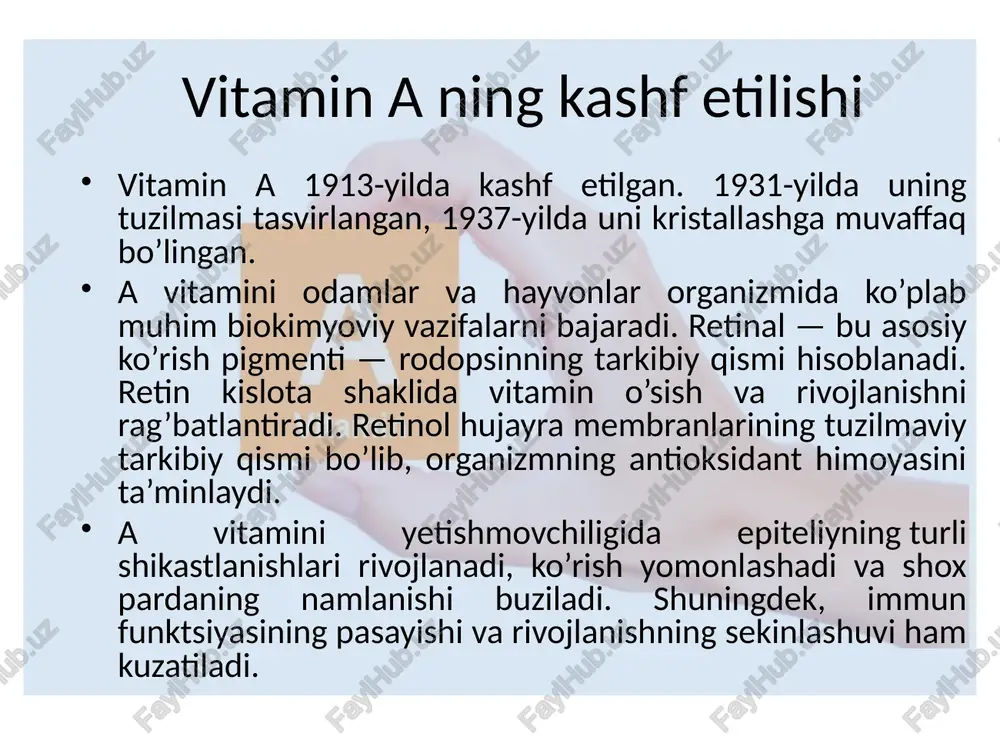 sintezi uchun kerak bo’lgan fosfoadenozinfosfosulfatni faollashtiruvchi fermentlar sintezi: mukopolisaxaridlar, gialuron kislota, geparin; sulfoserbrozidlar; taurin; endogen va ekzogen moddalarning metabolizmida ishtirok etuvchi jigar fermentlari. 2. mushak to’qimalarining oqsillarini sintezini rag’batlantiruvchi a1 , a2, b va c somatomedinlarning sintezi; fosfat va timidinning dnk`ga, prolinni kollagenga, uridinni rnk`ga kiritilishi. 3. jinsiy gormonlar, shunindgek, interferon, immunoglobulin a, lizotsim sintezi. 4. kalsitriol (d vitaminining faol metaboliti) uchun retseptorlarning faollashuvi. 5. shafaqli ko’rish uchun zarur bo’lgan to’r pardaning tayoqchalarida rodopsin sintezi. vitamin a guruhining birikmalari turli biologik faolliklarga ega. retinol epitelial va suyak to’qimalarining o’sishi, differentsiyatsiyasi va funktsiyalarining saqlanishi, shuningdek ko’payishi uchun kerak. retinal ko’rish mexanizmida muhimdir. retin kislota hujayraviy differentsiatsiya jarayonlarida retinoldan 10 marta faolroq, lekin ko’payish jarayonlarida kamroq faol. gipovitaminoz a dunyoda gipovitaminoz a besh yoshgacha bo’lgan bolalarning uchdan bir qismida uchraydi. u yiliga besh yoshgacha bo’lgan bolalardan 670 000 nafarinining hayotini olib ketadi. rivojlanayotgan mamlakatlarda taxminan 250,000-500,000 bolalar a vitamini tanqisligi sababli har …