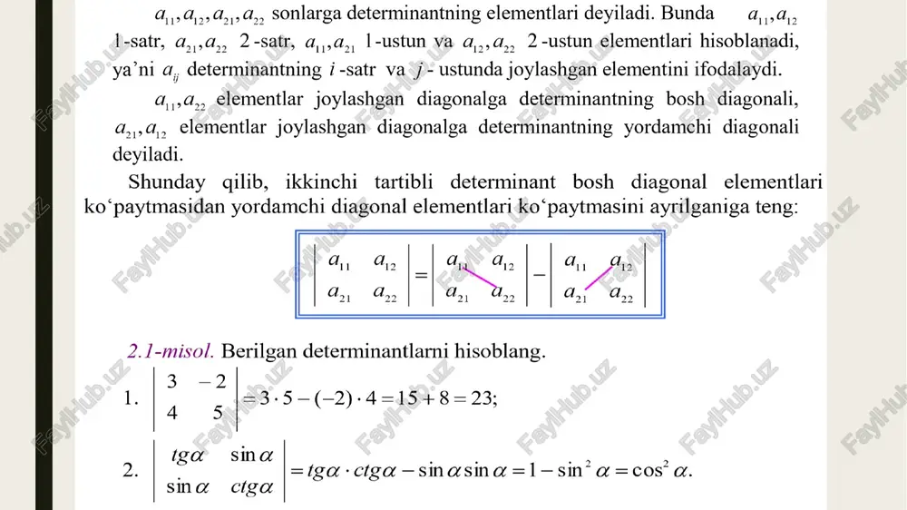 tlarining umumiy ko‘paytuvchisini determinant belgisidan tashqatiga chiqarish mumkin. masalan, isboti.tenglikning chap tomondagi determinant hisoblanganida oltita qo‘shiluvchining hammasida  ko‘paytuvchi qatnashadi. bu ko‘paytuvchini qavsdan tashqariga chiqarib, qavslar ichidagi qo‘shiluvchilardan determinant tuzilsa, tenglikning o‘ng tomondagi ifoda hosil bo‘ladi.5-xossa.agar determinant biror satrining (ustunining) barcha elementlari nolga teng bo‘lsa, u nolga teng bo‘ladi. xossaning isboti 4-xossadan  da kelib chiqadi. 6-xossa.agar determinantning ikki satri (ustuni) proporsional bo‘lsa, u nolga teng bo‘ladi. masalan, isboti.4-xossaga ko‘ra determinant ikkinchi satrining  ko‘paytuvchisini determinant belgisidan chiqarish mumkin. natijada ikkita bir xil satrli determinant qoladi va u 3-xossaga ko‘ra nolga teng bo‘ladi. 7-xossa.agar determinant biror satrining (ustunining) har bir elementi ikki qo‘shiluvchining yig‘indisidan iborat bo‘lsa,bu determinant ikki determinant yig‘indisiga teng bo‘lib,ulardan birinchisining tegishli satri (ustuni) elementlari birinchi qo‘shiluvchilardan,ikkinchisining tegishli satri (ustuni) elementlari ikkinchi qo‘shiluvchilardan tashkil topadi.isboti. determinant birinchi satrining har bir elementi ikkita qo‘shiluvchi yig‘indisidan iborat bo‘lsin.u holda 8-xossa.agar determinantning biror satri (ustuni) elementlariga boshqa satrining (ustunining) mos elementlarini …