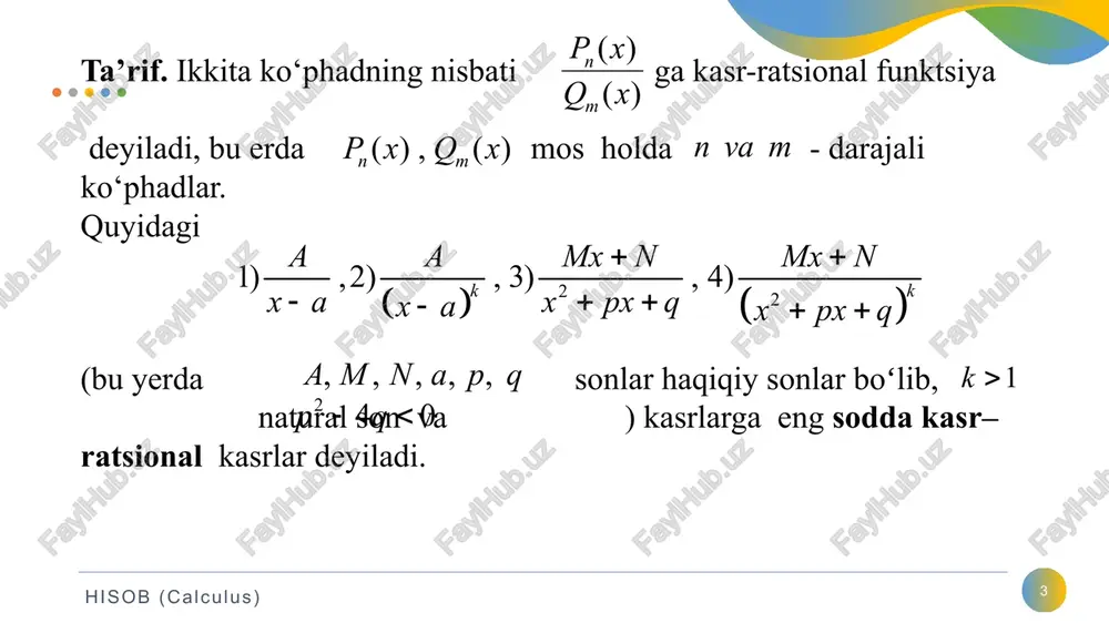 h almashtirish yordamida ga keltiriladi. hisob (calculus) 19 3-misol. integralni toping: yechish. integral ostida 2 va 3 darajali ildizlar qatnashganligi sababli almashtirish bajaramiz. u holda boʻladi va integral quyidagi koʻrinishni oladi. hisob (calculus) 20 4-misol. integralni toping: yechish. integral ostidagi funksiya koʻrinishdagi funksiya boʻlib, bu yerda . bu kasrlarning umumiy maxraji . u holda almashtirishlar bajarib, u holda hisob (calculus) 21 5-misol. integralni toping: yechish. bu integral koʻrinishidagi integraldir. shu sababli funksiyaning suratini yozib olib quyidagiga ega boʻlamiz: hisob (calculus) 22 4.trigonometrik funktsiyalarni integrallashda universal almashtirish usuli. biz ko‘rinishdagi integralni qaraymiz (bu yerda ifoda sinx va cosx ning ratsional funktsiyasi). (1) hisob (calculus) 23 bularni yuqoridagi integralga qoʻysak, bunda sinx va cosx larning ratsional funksiyasi boʻlgani sababli ham ning ratsional funksiya boʻladi. demak, berilgan integral ratsional – kasr funksiyalarni integrallashga keltiriladi va biz ratsional funktsiyalani integrallash usullarini qollab integralni hisoblaymiz. universal almashtirish yordamida koʻrinishdagi integrallarni hisoblash osonlashadi. hisob (calculus) 24 …