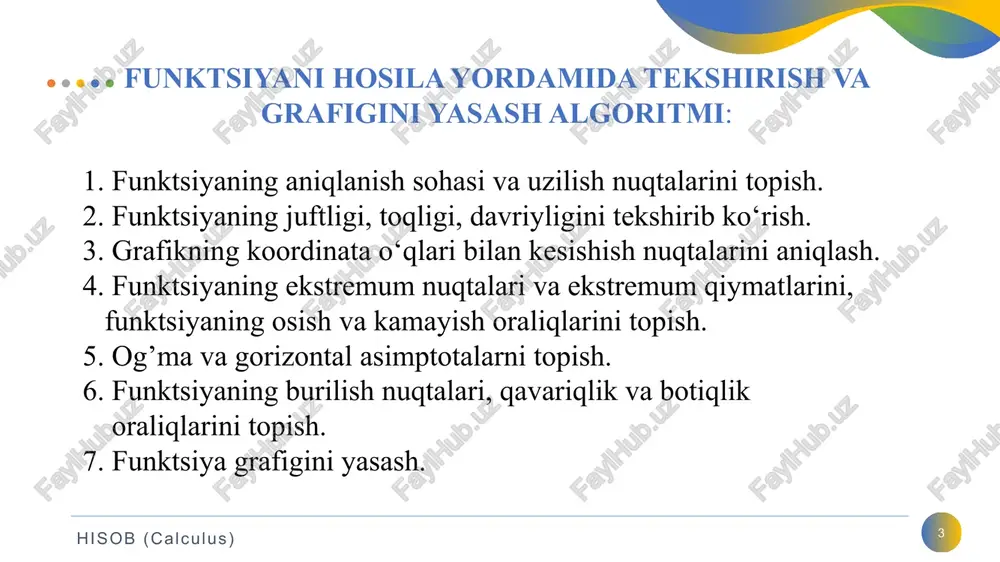 sa yoki nuqtadan o’tishda o’z ishorasini o’zgartirsa, nuqta funksiya grafigining egilish nuqtasi bo‘ladi. hisob (calculus) 7. funksiya grafigi: 14 x=a -qavariq: -botiq: -botiq: x=2 hisob (calculus) 15 e’tiboringiz uchun raxmat! hisob (calculus) 15 image7.svg image1.png image2.png image3.svg image4.png image5.svg image6.png oleobject1.bin image8.wmf oleobject2.bin image9.wmf oleobject3.bin image10.wmf oleobject4.bin image11.wmf oleobject5.bin image12.wmf oleobject6.bin image13.wmf oleobject7.bin image14.wmf oleobject8.bin image15.wmf oleobject9.bin oleobject10.bin image16.wmf oleobject11.bin image17.wmf image41.png image42.png image43.png oleobject15.bin image21.wmf oleobject12.bin image18.wmf oleobject13.bin image19.wmf oleobject14.bin image20.wmf image21.png image22.png image23.png image24.png image25.png image26.png image28.png image29.png image30.png image27.png image28.wmf image20.png image31.png image32.png image37.wmf oleobject18.bin image38.wmf image36.png image33.png image34.png image35.png oleobject16.bin image36.wmf oleobject17.bin image44.png image45.jpg oleobject19.bin image39.wmf oleobject20.bin image40.wmf oleobject21.bin image41.wmf image46.png image47.png .msftofcthm_background1_fill { fill:#ffffff; } 2 3 ) 2 ( 4 x x y - = 3 lim 2 20 4(2) 2 3 lim 2 20 4(2) x x x x x x x ü ï ï ï ý ï ï ï þ =+¥ ®- …