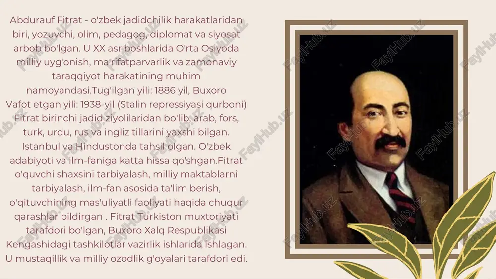 or qabul qila bilishi kerak. risola asosan yoshlar uchun yozilgan bo'lib, unda fitrat millatning kelajagiga qarab tarbiyasiga bog'liqligini ta'kidlaydi. fitrat ilmni xalqni najotga olib chiqadigan eng kuchli qurol sifatida ko'radi. u yoshlarga ilm o'rganishni, zamonaviy fanlarga chuqur kirib borishni maslahat beradi.chin nasional bilimli, balki axloqli bo'lishi shart. halollik, sabr- toqat, adolat, xalqparvarlik - bu xodimlar rahbar shaxsda bo'lishi kerak.fitrat yoshlarni millat manfaatini o'z manfaatidan ustun qo'yishga undaydi. u xalq xizmatiga kirishni eng oliy burch deb biladi. risolada o'z tili, dini, tarixiga hurmat bilan qarash, milliy qadriyatlar milliy asrash muhimligi alohida urg'ulanadibugungi kunda fitrat aytgan “rahbari najod”ga har bir yoshning qo'lidan keladi. buning uchun:bilim olishga chanqoq bo'lishi,har halollik yo'lini doim tutishi,o'z xalqiga sadoqatli bo'lishi,zamonaviy texnologiyalar va fanlardan bo'lishi kerak. bu risola yoshlarni mas'uliyatli, o'ngli, iymonli, bilimli qilib tarbiyalashda o'ta muhim manbadir.. risolada oldin surilgan ba'zi fikrlar: “millatni qutqaradigan – o'quvchi emas, fikrlovchi, ishlovchi, yurakli yoshlardir.” “rahbar bo'lish uchun unvon emas, e'tiqod, …