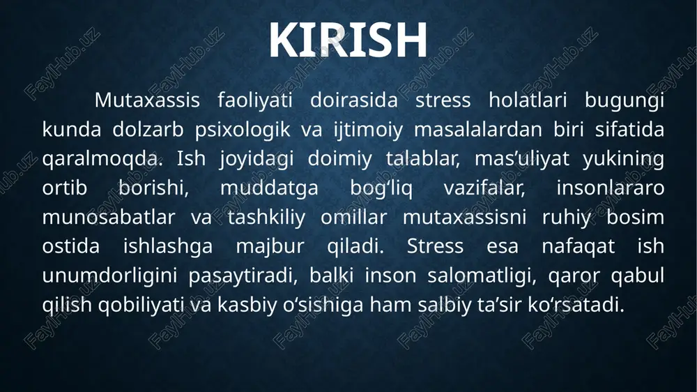 nat unumdorligi va ruhiy muvozanatiga bevosita ta’sir ko‘rsatadi. stressni aniqlash uchun ilmiy psixologiyada bir nechta diagnostik yondashuvlar qo‘llaniladi. sub’yektiv baholash usuli orqali shaxs o‘z his-tuyg‘ulari, charchoq darajasi, diqqat susayishi va motivatsiya holatini mustaqil tahlil qiladi. psixometrik testlar — “holmes-rahe stress shkalasi”, “maslach burnout inventory”, “spielberger tashvish darajasi testi” kabi metodikalar stress intensivligini ob’ektiv baholash imkonini beradi. fiziologik o‘lchovlar esa yurak urish chastotasi, qon bosimi, nafas olish ritmi va kortizol darajasini kuzatish orqali organizmning stressga fiziologik javobini o‘lchaydi. tashkiliy muhitda so‘rovnomalar, kuzatish va intervyular yordamida stress manbalari, ularning chastotasi va ta’sir kuchi aniqlanadi. ushbu usullar birgalikda qo‘llanilganda, mutaxassisning stress holatini aniqlash, profilaktika choralarini ishlab chiqish va psixologik yordam dasturlarini shakllantirish imkonini beradi. xulosa kasbiy faoliyatda stress — bu mutaxassisning mehnat samaradorligi, ruhiy holati va salomatligiga bevosita ta’sir ko‘rsatuvchi muhim omildir. u turli shakllarda — jismoniy, psixologik yoki ijtimoiy stress ko‘rinishida namoyon bo‘lib, har bir turi o‘ziga xos simptomlar va oqibatlarga ega. …