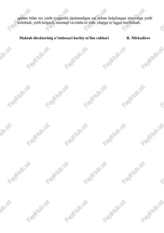 i. maktab direktorinig o’rinbosari harbiy ta’lim rahbari r. mirkadirov “tasdiqlayman” parkent tumani 37-sonli maktab direktori m.q. anvarova 20___ yil. “___” __________________ dars rejasi o’quv predmetining nomi: “chaqiruvga qadar boshlang’ich tayyorgarlik” 1-mavzu. saf tayyorgarligi. 3-mashg'ulot. seksiyani saf tortishi. mashg’ulot o’tish maqsadi: o’quvchilarga seksiyani saf tortishi to’g’risida amalliy ko’nikmalar berish. mashg’ulot savollari: 1. seksiyani saf tortishi. mashg’ulot o’tish uslubi: amalliy mashg’ulot o’tish joyi: saf maydoni. darsga ajratilgan vaqt: 45 daqiqa foydalanilgan adabiyotlar: “chaqiruvga qadar boshlang‘ich tayyorgarlik” “ilm ziyo” nashriyot uyi, 2017-yil. t/r mashg’ulot bosqichlari ajratilgan vaqt mashg’ulot mazmuni ta’lim metodlari ta’lim vositalari 1. tashkiliy qism 3 daqiqa guruh komandiridan guruhhi mashg’lotga tayoligi to’g’risida bildiruv qabul qilish,o’quvchilarni darsga tayorligini tekshirish. mashg’ulotda qatnashayotgan o’quvchilarni davomatini sinf jurnaliga btlgilash. amalliy - 2. o’tilgan mashg’ulotni takrorlsh 7 daqiqa safdan shiqish va safga turish. boshliq oldiga kelish va ketish. amalliy mashq qildirish- - 3. o’quvchilarga o’quv materiallarini yetkazish 25 daqiqa 1-savol: seksiyani saf tortishi. so’zlab berish va …