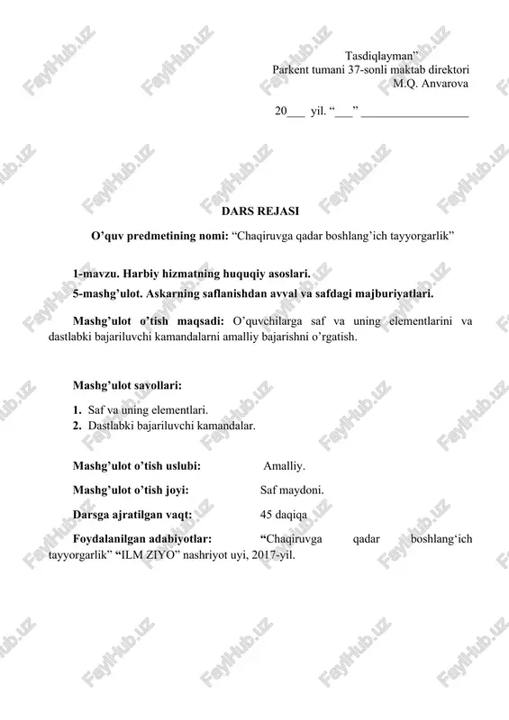 lar tomonidan o’zlashtirilganligini tekshirish. 3-4 nafar o’quvchilar-dan o’tilgan mavzuni o’zlashtiril-ganligini tekshirish. - 5. darsga uakun yasash 2 daqiqa o’quvchilar tomonidan mashg’ulot qanday o’zlashtirilganini tahlil yetib olgan baholarini yetkazish. olgan baholarini sinf jurnaliga va o’quvchilarni kundaliklariga o’yeish. 6. uyga vazifalar berish 3 daqiqa keyngi mashg’ulot qaerda bo’lishini, qanday mavzu o’tilishini etkazish. maktab direktorinig o’rinbosari harbiy ta’lim rahbari r. mirkadirov