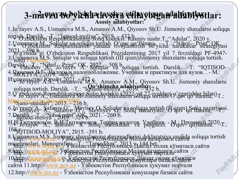 g guruhlanishi iqtisodiy mohiyatiga qarab byudjetga to’lanishi bo’yicha soliq solish ob’ektiga qarab sub’ektga qarab jismoniy shaxslardan undiriladigan bevosita soliqlar umumdavlat oborotdan olinadigan yerdan olinadigan soliqlar bilvosita soliqlari mahalliy soliqlari daromaddan soliqlari yuridik shaxslardan soliqlar soliqlari olinadigan soliqlari mol-mulkidan olinadigan soliqlari undiriladigan soliqlar i soliqlar soliqqa tortish ob’ektiga qarab to’rt guruhga bo‘linadi: 1. oborotdan olinadigan soliqlar. bunda soliqlar xo‘jalik yurituvchi sub’ektlarning bevosita oborotidan undiriladi, ularga qo‘shilgan qiymat solig‘i, aksiz solig‘i, bojxona bojlari va boshqalar kiradi.1 2. mol-mulk qiymatlaridan olinadigan soliqlar. bunday soliqlar soliq to‘lovchi sub’ektlar tasarrufida mavjud bo‘lgan mol- mulklarga nisbatan belgilanadigan soliqlardan iborat.2 3. daromaddan olinadigan soliqlar. bunga yuridik shaxslardan olinadigan foyda solig‘i, jismoniy shaxslarning daromad solig‘i va boshqalar kiradi.3 4. yer maydoniga qarab olinadigan soliqlar. ularga yuridik va4 jismoniy shaxslarning yer soliqlarini kiritish mumkin. soliqlarni guruhlanishi iisoliqlar iqtisodiy mohiyatiga ko’ra: 1. to’g’ri (bevosita) soliqlar. 2. egri (bilvosita) soliqlarga bo’linadi. iiibudjet bo’g’inlariga tushishiga ko’ra: 1. umumdavlat soliqlar. 2. mahalliy soliqlarga …