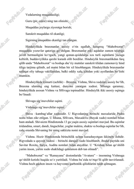 ari - bu maxsus marosimlarda minglab odamlarni qurbon qilishlari mumkin bo‘lgan azteklarning qurbonliklari. an'anaviy (xalq) din doirasida oilaviy marosimlar va xurofotlarga oid ko‘plab an'analar saqlanib qolgan. hindiston milliy dinlari. hinduiylik (induizm) murakkab din bo‘lib, u ijtimoiy tashkilot, turli dinlar qorishmasidir. u kastachilik asosiga qurilgan. braxmanlik bilan buddaviylik o‘rtasida kasta ta’limoti bo‘yicha kurashni ifodalovchi hinduiylik dini shakllandi. bu dinga hindiston aholisining 83% e’tiqod qilib, uning asosiy sharti hindistondagi kasta tizimini qabul qilishdir. hinduiylikda besh qoida va aqida tan olingan. vedalarning muqaddasligi; guru (pir, ustoz) ning tan olinishi; muqaddas joylarga ziyoratga borish; sanskrit muqaddas til ekanligi; sigirning muqaddas ekanligi tan olingan. hinduiylikda braxmanlar asosiy o‘rin egallab, kengroq “mahobxorat” muqaddas yozuvlar qatoriga qo‘shilgan. braxmanlar eski aqidalar zamon talabiga javob bermasligini ko‘rgach, yangi qonun-qoidalarga xos turli oqimlarni yuzaga keltirib, buddaviylikka qarshi kurash olib bordilar. hinduiylik braxmanlikdan farq qilib unda “mahobxorat” va boshqa she’riy matnlar sanskrit tilidan zamonaviy hind tiliga tarjima qilinib, asl matni bilan …