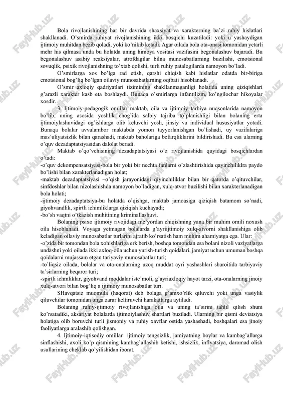 ib keltirsak bo’ladi. delinkvent xulq-atvor deviantdan farqli ravishda bolalar va o’smirlarning takrorlanib turuvchi g’ayriijtimoiy hatti-harakatlar sifatida xarakterlanadi. bu harakatlar huquqiy normalarni buzuvchi, biroq ijtimoiy xavf darajasiga ko’ra jinoiy javobgarlikni keltirib chiqarmaydigan muayyan harakatlar majmuasiga aylanadi. delikvent xulq-atvorning quyidagi turlari mavjud: -agressiv xulq-atvor, bunga haqoratlash, sadistik harakatlar, o’t qo’yish kabilar kiradi; - g’arazli xulq-atvor: kichk o’g’riliklar, ta’magirlik, avtoulovlarni olib qochish va moddiy daromad olish maqsadidagi boshqa mulkiy tajovuzlar; -giyohvand moddalarni yetishtirish va tarqatish. delikvent xulq-atvor nafaqat tashqi jihatdan, balki ichki-shaxsiy xulq-atvorda ham namoyon bo’ladi. ya’ni bunda o’smirda ichki tartibga solish tizimini nazorat qilishni susayishiga olib keluvchi qadriyatlarning o’zgarishi ro’y beradi. jinoiy hatti-harakat jinoiy javobgarlikka tortishga, ma’lum yoshga yetganda jinoiy ish qo’zg’ashga sabab bo’luvchi va jinoyat kodeksining muayyan moddalarida nazarda tutilgan g’ayrihuquqiy hatti-harakatlar hisoblanadi. deviatsiyaning salbiy turlari ijtimoiy potologiya hisoblanadi. bularga aroqxo’rlik, toksikomaniya, giyohvandlik, fohishabozlik, o’z joniga qasd qilish, huquqbuzarlik va jinoyatchilikni kiritsak bo’ladi. ular tizimni barbod etishadi, uning asoslariga putur yetkazishadi …