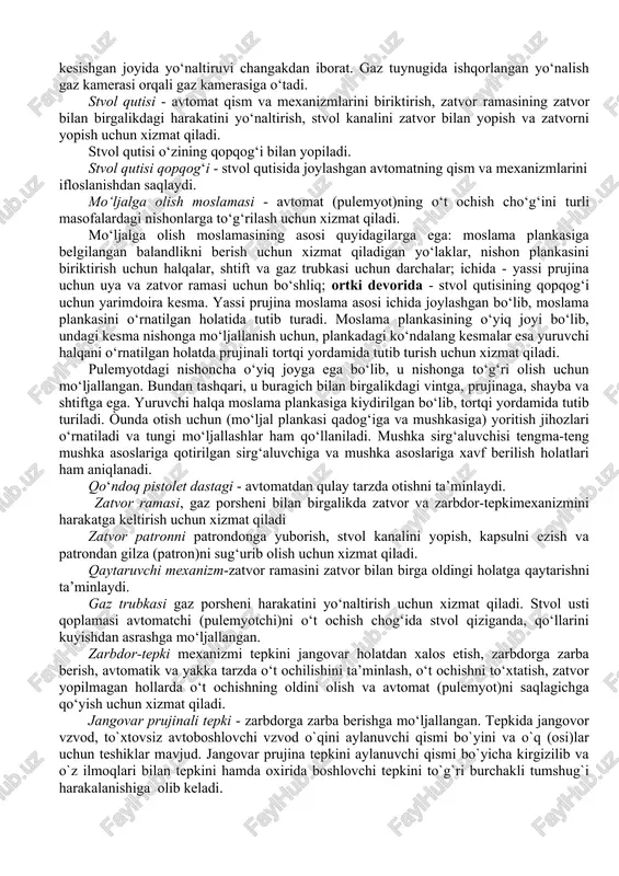 rib olish uchun xizmat qiladi. qaytaruvchi mexanizm-zatvor ramasini zatvor bilan birga oldingi holatga qaytarishni ta’minlaydi. gaz trubkasi gaz porsheni harakatini yo‘naltirish uchun xizmat qiladi. stvol usti qoplamasi avtomatchi (pulemyotchi)ni o‘t ochish chog‘ida stvol qiziganda, qo‘llarini kuyishdan asrashga mo‘ljallangan. zarbdor-tepki mexanizmi tepkini jangovar holatdan xalos etish, zarbdorga zarba berish, avtomatik va yakka tarzda o‘t ochilishini ta’minlash, o‘t ochishni to‘xtatish, zatvor yopilmagan hollarda o‘t ochishning oldini olish va avtomat (pulemyot)ni saqlagichga qo‘yish uchun xizmat qiladi. jangovar prujinali tepki - zarbdorga zarba berishga mo‘ljallangan. tepkida jangovor vzvod, to`xtovsiz avtoboshlovchi vzvod o`qini aylanuvchi qismi bo`yini va o`q (osi)lar uchun teshiklar mavjud. jangovar prujina tepkini aylanuvchi qismi bo`yicha kirgizilib va o`z ilmoqlari bilan tepkini hamda oxirida boshlovchi tepkini to`g`ri burchakli tumshug`i harakalanishiga olib keladi. tepki harakatini so‘ndirgich - oldindagi jangda avtomatik tarzda o‘qlar-ning g‘ujligini amalga oshirishda tepkini susaytirish uchun xizmat qiladi. avtotepki - tepkining jangovar vaziyatda ishlashini va tepkini bosish uchun xizmat qiladi. yakka o‘t …