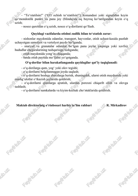 otish maydonida yoki mashg‘ulotlar o‘tkazish joylarida qoldirish; - o‘q-dorilarni qismlarga ajratish, ulardan poroxni chiqarib olish va olovga tashlash; - o‘q-dorilarni sumkalarda va kiyim-kechak cho‘ntaklarida qoldirish. maktab direktorinig o’rinbosari harbiy ta’lim rahbari r. mirkadirov “tasdiqlayman” parkent tumani 37-sonli maktab direktori m.q. anvarova 20___ yil. “___” _________________ dars rejasi o’quv predmetining nomi: “chaqiruvga qadar boshlang’ich tayyorgarlik” 8-mavzu. harbiy ish asoslari. 8-mashg'ulot. qurol-yaroq va o’q-dorilar bilan ishlaganda xavfsizlik choralari. mashg’ulot o’tish maqsadi: o’quvchilarga qurol-yaroq va o’q-dorilar bilan ishlaganda xavfsizlik choralari to’g’risida tushunchalar berish. mashg’ulot savoli: 1. qurol-yaroq va o’q-dorilar bilan ishlaganda xavfsizlik choralari. mashg’ulot o’tish uslubi: nazariy. mashg’ulot o’tish joyi: chqbt sinfi. darsga ajratilgan vaqt: 45 daqiqa foydalanilgan adabiyot: “chaqiruvga qadar boshlang‘ich tayyorgarlik” 10-sinf 133-144betlari “ilm ziyo” nashriyot uyi, 2017-yil. t/r mashg’ulot bosqichlari ajratilgan vaqt mashg’ulot mazmuni ta’lim metodlari ta’lim vositalari 1. tashkiliy qism 3 daqiqa guruh komandiridan guruhhi mashg’lotga tayoligi to’g’risida bildiruv qabul qilish,o’quvchilarni darsga tayorligini tekshirish. mashg’ulotda qatnashayotgan o’quvchilarni davomatini sinf …