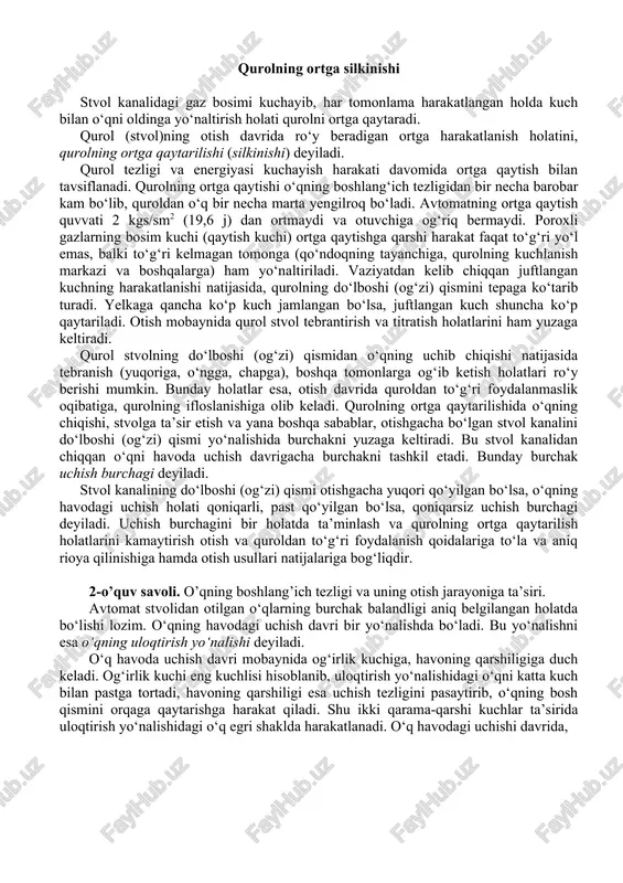 lib, quroldan o‘q bir necha marta yengilroq bo‘ladi. avtomatning ortga qaytish quvvati 2 kgs/sm2 (19,6 j) dan ortmaydi va otuvchiga og‘riq bermaydi. poroxli gazlarning bosim kuchi (qaytish kuchi) ortga qaytishga qarshi harakat faqat to‘g‘ri yo‘l emas, balki to‘g‘ri kelmagan tomonga (qo‘ndoqning tayanchiga, qurolning kuchlanish markazi va boshqalarga) ham yo‘naltiriladi. vaziyatdan kelib chiqqan juftlangan kuchning harakatlanishi natijasida, qurolning do‘lboshi (og‘zi) qismini tepaga ko‘tarib turadi. yelkaga qancha ko‘p kuch jamlangan bo‘lsa, juftlangan kuch shuncha ko‘p qaytariladi. otish mobaynida qurol stvol tebrantirish va titratish holatlarini ham yuzaga keltiradi. qurol stvolning do‘lboshi (og‘zi) qismidan o‘qning uchib chiqishi natijasida tebranish (yuqoriga, o‘ngga, chapga), boshqa tomonlarga og‘ib ketish holatlari ro‘y berishi mumkin. bunday holatlar esa, otish davrida quroldan to‘g‘ri foydalanmaslik oqibatiga, qurolning ifloslanishiga olib keladi. qurolning ortga qaytarilishida o‘qning chiqishi, stvolga ta’sir etish va yana boshqa sabablar, otishgacha bo‘lgan stvol kanalini do‘lboshi (og‘zi) qismi yo‘nalishida burchakni yuzaga keltiradi. bu stvol kanalidan chiqqan o‘qni havoda uchish davrigacha …