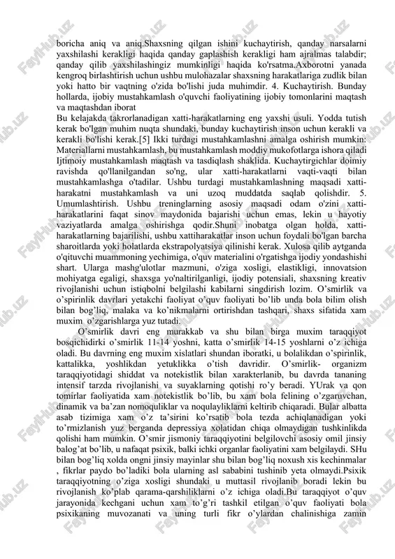 a'sir tuzilgan, tizimlashtirilgan va aniq tashkilot boshqa ko'nikmalarni egallashga o'xshash harakatlar tizimi va o'rganish psixologiyadan shaxsning boshqalar bilan munosabatlari nuqtai nazaridan malakalarini oshirishga qaratilgan bir qator metodikalar ishlab chiqilgan. quyida tushuntirilgan ushbu texnikalar ma'lum bir tartibni bajaradigan ketma-ket qadamlar sifatida talqin qilinmasligi kerak, aksincha ularni uzaytirish, kengaytirish yoki takrorlashimizga imkon beradigan mustaqil elementlar sifatida talqin qilinishi kerak. ushbu elementlar olti xil texnikada ko'rsatilgan. ular quyidagichadir. 1. modellashtirish. ushbu birinchi texnikada, o'rganish ko'nikmalariga ega bo'lgan kishi bir qator xatti-harakatlarni munosib bajaradi, shogird yoki shogirdlarga taqlid qilish uchun.modellar xatti-harakatlarni jonli ravishda yoki yozuvlar orqali amalga oshirishi mumkin. texnikaning samarali bo'lishi uchun modelning asosiy talabi uning kuzatuvchiga imkon qadar yaqin bo'lishidir. ham yoshi, jinsi, ma'lumot guruhi va boshqalar bo'yicha. yodda tutish kerak bo'lgan muhim jihat shundan iboratki, model o'zini tutish qobiliyatini haddan tashqari ustalik bilan yoki mutaxassislik bilan bajarmaydi, chunki u kuzatuvchini ruhini pasaytirishi mumkin. o'ziga ergashish uchun o'rnak bo'ladigan kishi o'zini o'rganuvchiga …