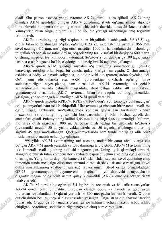n, stvoli esa og‘ir, tirgagi taxlanishi, mo‘ljallagichida yonidan qaytarilgan tuzatishlar kiritish mexanizmi va qo‘ndog‘ining tuzilishi boshqaruvchanligi bilan boshqa qurollardan ancha farq qiladi. pulemyotning kalibri 5,45 mm.li, og‘irligi 5,46 kg, uzunligi 1060 mm, mo‘ljalga otish masofasi 1000 m. jangovar otish tezligi bir daqiqada to‘xtovsiz (avtomatik) tarzda 150 ta, yakka-yakka tarzda esa 50 tagacha, o‘qdonga o‘qlarning sig‘imi 45 taga mo‘ljallangan. qo‘l pulemyotlarida ham tunda mo‘ljalga olib otish moslamasini o‘rnatish uchun joy qilingan. 1991-yilda ak-74 avtomatining turi asosida, undan bir qator afzalliklarga ega bo‘lgan ak-74 m quroli yaratildi va foydalanishga tatbiq etildi. ak-74 m avtomatining ikki kamerali stvoli og‘zining tuzilishi o‘zgartirilgan. uning og‘iz qismidagi tormozi, alangani o‘chirish bilan kompensator vazifasini bajarishi uchun stvolning og‘iz qismiga o‘rnatilgan. yangi bir turdagi ikki kamerasi ifloslanishdan saqlasa, stvol qutisining chap tomonida tunda mo‘ljalga olish mexanizmni o‘rnatish shakli dastak o‘rnatilgan. stvol qutisi mustahkamroq (qattiq qirralarsiz) tayyorlangan. stvol ostiga o‘rnati-ladigan gp-25 granatomyotni qaytaruvchi prujinani yo‘naltiruvchi tayoqchasini o‘zgartirilmagan holda otish …