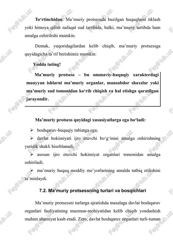 protsessni turlarga ajratishda masalaga davlat boshqaruv organlari faoliyatining mazmun-mohiyatidan kelib chiqib yondashish muhim ahamiyat kasb etadi. zero, davlat boshqaruv organlari turli-tuman mazmunga ega bo‘lgan va turli yo‘nalishdagi faoliyatlarni amalga oshiradilar. bular masalan, boshqaruvga oid vazifalarni amalga oshirish, shaxslarga davlat xizmatlarini ko‘rsatish, turli nizolarni hal etish kabi faoliyat turlari bo‘lishi mumkin. aynan mana shu faoliyat turlari ma’muriy protsessning turlarini aniqlab olishda asosiy mezon bo‘lib xizmat qiladi. demak, organlar faoliyatining mazmunidan kelib chiqqan holda ma’muriy protsessning quyidagi asosiy to‘rtta turini ajratib ko‘rsatishimiz mumkin: · davlat boshqaruv organlarining umumiy boshqaruv faoliyati bilan bog‘liq bo‘lgan ma’muriy protsess; · davlat boshqaruv organlarining ma’muriy tartib-taomillar faoliyati bilan bog‘liq bo‘lgan ma’muriy protsess; · ma’muriy nizolarni ko‘rib chiqishga oid ma’muriy yustitsiyaviy protsess (ma’muriy tartib va sud tartibi); · davlat boshqaruv organlarining ma’muriy huquqbuzarliklarni ko‘rib chiqishi bilan bog‘liq ma’muriy yurisdiksiyaviy protsess. har qanday protsessda bo‘lgani kabi ma’muriy protsess ham bir necha bosqichlarda amalga oshiriladi. yuqorida tilgan olingan ma’muriy protsessning …
