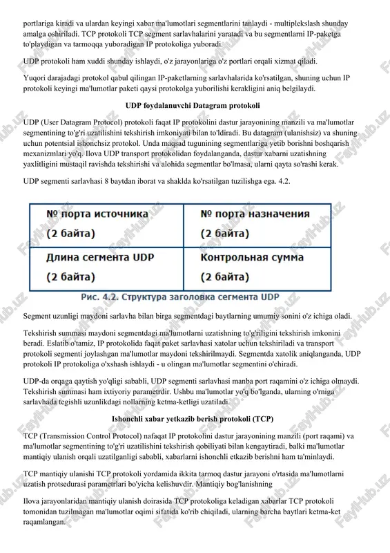 alig'idan boshqa port raqami ajratilishi mumkin. 65535. shuni ta'kidlash kerakki, udp protokolida ham, tcp protokolida ham 0 dan 65535 gacha bo'lgan port raqamlarining alohida to'plami mavjud, ya'ni port raqami haqida gap ketganda, siz protokolni ham ko'rsatishingiz kerak - tcp yoki udp. shuning uchun kompyuter bir vaqtning o'zida ikkita port raqamidan foydalanishi mumkin - biri tcp protokoli uchun, ikkinchisi udp protokoli uchun. shunday qilib, har qanday tarmoq kompyuterida ishlaydigan tarmoq ilovasi boshqa tarmoq ilovasiga (boshqa tarmoq kompyuteriga) xabar yuborish uchun o'zining transport protokolidan foydalanadi. bunday holda, ma'lumotlar oqimi ko'rinishidagi uzatilgan xabar ushbu ilova uchun ajratilgan portga joylashtiriladi. transport protokoli segmentlar deb ataladigan qattiq uzunlikdagi bo'laklardagi portdan xabarni oladi. maksimal segment uzunligi ip-paketning ma'lumotlar maydonining maksimal qiymatiga bog'liq bo'lib, u o'z navbatida ishlatiladigan tarmoq texnologiyasining mtu parametri bilan belgilanadi. udp va tcp protokollari har bir port raqami uchun ikkita navbatni saqlaydi: ularning tarmog'idagi ma'lum portga keladigan segmentlar navbati va ma'lum bir portdan …