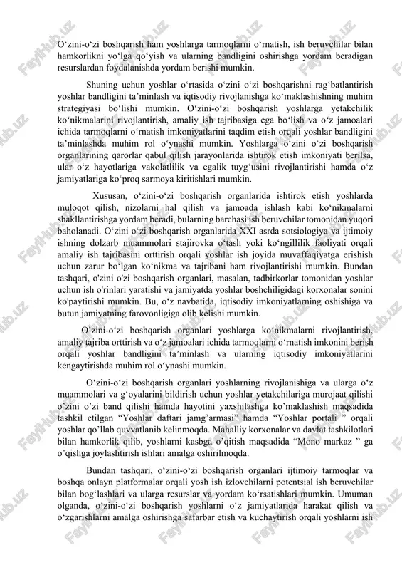h maqsadida” mahallalarda yoshlar yetakchilari lavozimi joriy etildi . bugungi kunda yoshlar yetakchlilari yoshlar bilan joylarda ularning muammolari yuzasidan xoxish istaklari bilan faoliyat olib bormoqda. aynan bugungi davrda davlatimiz rahbari takidlanayotgan asosiy muammolardan biri bu yoshlar bandligi hisoblanadi. mahallalarda aniqlangan ishsiz yoshlarni bandligini ta’minlash maqsadida yoshlar yetakchilari tomonidan mahallalarda joriy etilgan ushbu qarorga muvofiq o‘zbekiston respublikasi prezidentining 2021-yil 3-dekabrdagi “mahallada tadbirkorlikni rivojlantirish, aholi bandligini ta’minlash va kambag‘allikni qisqartirish bo‘yicha davlat siyosatining ustuvor yo‘nalishlari to‘g‘risida”gi pf-29-son farmoniga muvofiq, shuningdek, mahallada tadbirkorlikni rivojlantirish, aholi bandligini ta’minlash va kambag‘allikni qisqartirish masalalari bo‘yicha tuman (shahar) hokimlarining yordamchilari (keyingi o‘rinlarda - hokim yordamchilari) faoliyatini samarali tashkil etish maqsadida hokim yordamchilariga birktirilib ularning kasbiy faoliyatidan kelib chiqib ish bilan bandligi ta’minlab kelinmoqda. o'zini o'zi boshqarish yoshlar bandligini ta'minlashda muhim rol o'ynashi mumkin. yoshlarni o‘z tashkilotlarini tuzish va o‘zini o‘zi boshqarish tashabbuslari bilan shug‘ullanishga undash orqali ular yetakchilik, loyihalarni boshqarish va tadbirkorlik sohasida qimmatli ko‘nikma va tajribaga …