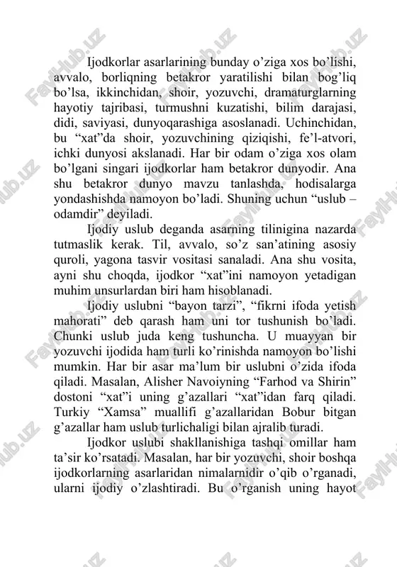 rkiy “xamsa” muallifi g’azallaridan bobur bitgan g’azallar ham uslub turlichaligi bilan ajralib turadi. ijodkor uslubi shakllanishiga tashqi omillar ham ta’sir ko’rsatadi. masalan, har bir yozuvchi, shoir boshqa ijodkorlarning asarlaridan nimalarnidir o’qib o’rganadi, ularni ijodiy o’zlashtiradi. bu o’rganish uning hayot hodisalarini akslantirishi, inson obrazini gavdalantirishiga o’z ta’sirini ko’satadi. uslub – ijodkor xayolotining namoyon bo’lish tarzi ham sanaladi. yozuvchi, shoir voqyealarni, qahramonlarni, ular yashaydigan manzil manzaralarini qanday tasavvur qilsa, shunday ifodalaydi. oybek qahramonlari harakatlanadigan joylarni jamiki ko’rinishlari bilan keng bayon yetadi. personajlar qiyofa, holatini batafsil suratlantiradi. abdulla qahhor yesa qahramonlari turgan joyni ham, ularning holati, ahvolini ham ixcham, lo’nda, yeng muhim jihatlariga ye’tiborni qaratgan holda tasvirlaydi. adabiy tanqid yangi bosqichda. 0‘zbckiston mustaqillikka erish-gandan so‘r.g barcha sohalarda crkin rivojlanish boshlandi. bu hoi ilm-fan, adabiyot va san’at laraqqiyotida ham o’z ifodasini topdi. sho‘ro davri iskanjasidan va siyosatlashgan mafkura tazyiqidan qutui-gan badiiy tafakkur erkin ijod yo'liga o‘tdi. adabiy tanqid badiiy asarlaiga milliy g‘oya va umumbashariy …