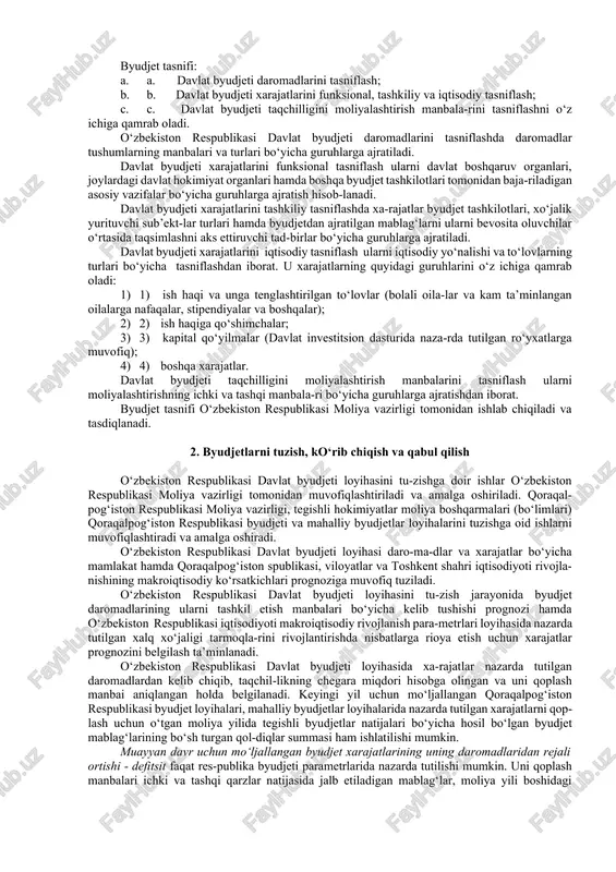 asosiysi byudjet jarayo-nining barcha elementlari ajratilayotgan bosqichlarda aks etti-rilsa, yetarlidir. bundan tashqari, u yoki bu mamlakat byudjet qonunchiligida byudjet jarayonining an’anaviy ravishda hech qachon ko‘rib chiqilmagan bosqichlari ham mustahkamlangan bo‘li-shi mumkin. masalan, o‘zbekiston byudjet qonunchiligida davlat byudjeti ko‘rsatkichlarini byudjet mablag‘larini oluvchilarga yetkazish bosqichi nazarda tutilgan. [4: ] [5: ] [6: ] bizning respublikamizda byudjet jarayoni quyidagi bosqich-lardan tarkib topgan: 1. 1) byudjetni tuzish, ko‘rib chiqish va qabul qilish; 1. 2) byudjetni byudjet mablag‘larini oluvchilarga yetkazish; 1. 3) byudjetni ijro etish va uning ijrosini nazorat qilish; 1. 4) byudjetni ijro etish to‘g‘risidagi hisobotni tuzish va tasdiqlash. byudjet jarayonining tarkibiy qismi byudjetni tartibga solish - davlat byudjet tizimi darajalari o‘rtasida mablag‘lar-ni qayta taqsimlashdan iborat. byudjet jarayoni asosida muayyan tamoyillar mavjud bo‘lib, butun davlat byudjet tizimining barqaror va samarali ishlashi uchun ularga qat’iy rioya etilishi zarur. shu sababli byudjet jarayoniga byudjet tizimi uchun xos bo‘lgan: barcha byudjetlar-ning birligi, to‘liqligi, realliligi, balansliligi, oshko-raligi kabi …