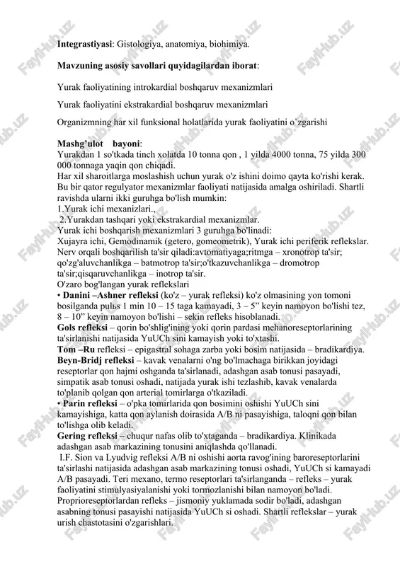 diya. klinikada adashgan asab markazining tonusini aniqlashda qo'llanadi. i.f. sion va lyudvig refleksi a/b ni oshishi aorta ravog'ining baroreseptorlarini ta'sirlashi natijasida adashgan asab markazining tonusi oshadi, yuuch si kamayadi a/b pasayadi. teri mexano, termo reseptorlari ta'sirlanganda – refleks – yurak faoliyatini stimulyasiyalanishi yoki tormozlanishi bilan namoyon bo'ladi. proprioreseptorlardan refleks – jismoniy yuklamada sodir bo'ladi, adashgan asabning tonusi pasayishi natijasida yuuch si oshadi. shartli reflekslar – yurak urish chastotasini o'zgarishlari. yurakka vagus reflekslari a) gols refleksi (ta'sirot – epigastral sohaga zarba, reaksiya – yurakning reflektor to'xtashi). b) danini – ashner refleksi (ta'sirot – ko'z olmasiga bosim, reaksiya – yurak qisqarishlarining reflektor sekinlashishi). 1 – uzunchoq miya, 2 – adashgan asab, 3 – yurak, 4 – gipotalamus yurak faoliyatini kuchaytiruvchi gumoral faktorlar: • adrenalin • noradrenalin • angiotenzin • serotonin • dofamin • kortiqosteroidlar • glyukagon • insulin • tiroksin • endotelin •ca++,h+ionlari • gipoksiya • giperkapniya yurak faoliyatini tormozlovchi gumoral faktorlar: …
