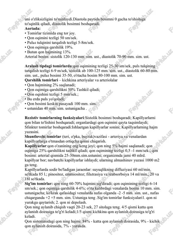 h tezligi 5-8m/sek. • qon oqimiga qarshilik 19%. • butun qon hajmining 13%. arterial bosim: sistolik 120-130 mm. sim. ust., diastolik 70-90 mm. sim. ust. aralash tipdagi tomirlarda:qon oqimining tezligi 25-30 sm/sek, puls tulqining tarqalish tezligi 6-9 m/sek, sistolik ab 100-125 mm. sim. ust., diastolik 60-80 mm. sim. ust., puls bosimi 35-50, o'rtacha bosim 80-100 mm. sim. ust. qarshilik tomirlari – kichkina arteriyalar va arteriolalar • qon hajmining 2% saqlanadi; • qon oqimiga qarshilikni 50% tashkil qiladi; • qon oqishini tezligi 5 mm/sek.; • bu erda puls yo'qoladi; • qon bosimi keskin pasayadi 100 mm. sim. • ustunidan 40 mm. sim. ustunigacha . rezistiv tomirlarning funksiyalari:sistolik bosimni boshqaradi; kapillyarlarni qon bilan to'lishini boshqaradi; organlardagi qon oqimini qayta taqsimlaydi; sfinkter tomirlar boshqaradi:ishlaetgan kapillyarlar sonini; kapillyarlarning hajm yuzasini. shuntlovchi tomirlar (teri, o'pka, buyrak)vazifasi - arteriya va venalardan kapillyarlarga o'tmasdan ortiqcha qonni chiqarish. kapillyarlar:qon o'zanining eng keng joyi; qon ning 5% hajmi saqlanadi; …