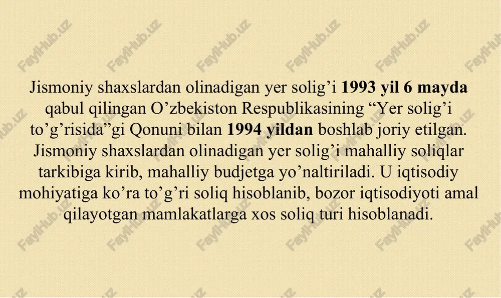 tirali uylarda joylashgan yashash uchun mo’ljallanmagan ko’chmas mulk ob’ektlari mustasno. 11 ko’chmas mulkka bo’lgan huquqlarni davlat ro’yxatidan o’tkazishni amalga oshiruvchi organning ma’lumotlari bo’yicha yer uchastkalarining maydoni soliq bazasidir. dehqon xo’jaligini yuritish uchun berilgan qishloq xo’jaligiga mo’ljallangan yerlar bo’yicha soliq bazasi soliq solinmaydigan yer uchastkalari jumlasiga kiradigan yerlar soliq imtiyozlariga muvofiq soliq solinmaydigan qishloq xo’jaligiga mo’ljallangan yer uchastkalari chegirib tashlangan holda, yer uchastkalarining qonunchilikka muvofiq aniqlangan normativ qiymati. jamoa bog’dorchiligi, uzumchiligi va polizchiligini yuritish uchun fuqarolarga berilgan, shuningdek yakka tartibdagi va jamoa garajlari egallagan yer uchastkalari bo’yicha soliq bazasi ushbu yer uchastkalarini bergan tashkilotlar boshqaruv organlarining ma’lumotlari bo’yicha aniqlanadi. xizmat yuzasidan berilgan chek yer maydonlari bo’yicha soliq bazasi o’z xodimlariga yer uchastkalarini bergan korxonalar, muassasalar va tashkilotlarning ma’lumotlari bo’yicha aniqlanadi. respublika hududlari kesimida bazaviy soliq stavkalari 1 kv. m uchun mutlaq o’lchamda quyidagi miqdorlarda belgilanadi (bundan dehqon xo’jaligini yuritish uchun berilgan qishloq xo’jaligi uchun mo’ljallangan yerlar mustasno): respublika hududlari 1 kv.m …