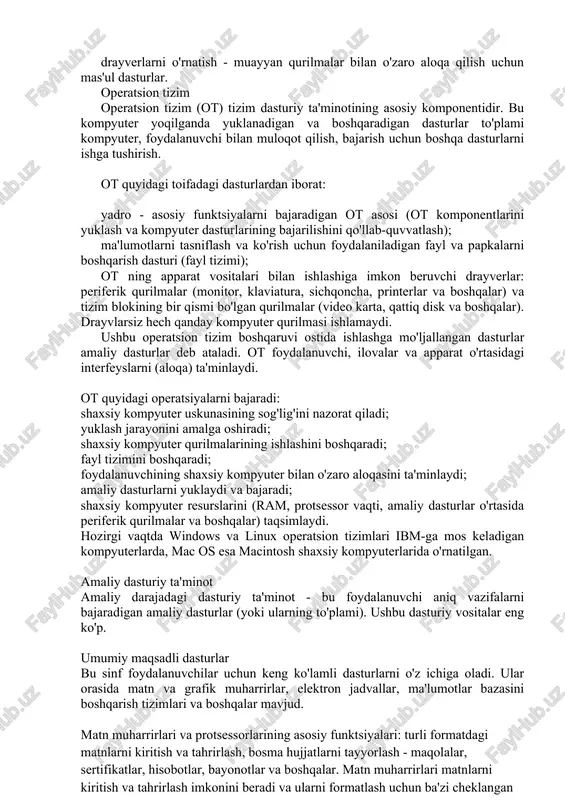 macintosh shaxsiy kompyuterlarida o'rnatilgan. amaliy dasturiy ta'minot amaliy darajadagi dasturiy ta'minot - bu foydalanuvchi aniq vazifalarni bajaradigan amaliy dasturlar (yoki ularning to'plami). ushbu dasturiy vositalar eng ko'p. umumiy maqsadli dasturlar bu sinf foydalanuvchilar uchun keng ko'lamli dasturlarni o'z ichiga oladi. ular orasida matn va grafik muharrirlar, elektron jadvallar, ma'lumotlar bazasini boshqarish tizimlari va boshqalar mavjud. matn muharrirlari va protsessorlarining asosiy funktsiyalari: turli formatdagi matnlarni kiritish va tahrirlash, bosma hujjatlarni tayyorlash - maqolalar, sertifikatlar, hisobotlar, bayonotlar va boshqalar. matn muharrirlari matnlarni kiritish va tahrirlash imkonini beradi va ularni formatlash uchun ba'zi cheklangan imkoniyatlarni o'z ichiga olishi mumkin ( dizayn). matn muharrirlariga misollar: notepad (notepad), wordpad. word protsessorlari hujjatlarni formatlash imkoniyatlarining katta ro'yxatini, shuningdek, matn, grafik, jadval, formulalar va boshqa ob'ektlarni yakuniy hujjatga birlashtirish vositalarini o'z ichiga oladi. ko'pincha matn protsessorlari turli xil avtomatlashtirish vositalarini, tarkib va ​​indekslar jadvallarini tuzish, imloni tekshirish, hujjat shablonlarini tayyorlash va hokazolarni o'z ichiga oladi. matn protsessorlariga …