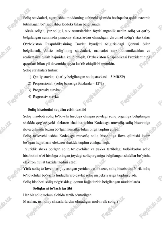 tarzida taqdim etadi. yirik soliq to‘lovchilar, joylashgan yeridan qat’i nazar, soliq hisobotini yirik soliq to‘lovchilar bo‘yicha hududlararo davlat soliq inspeksiyasiga taqdim etadi. soliq hisoboti soliq to‘g‘risidagi qonun hujjatlarida belgilangan muddatlarda soliqlarni to‘lash tartibi har bir soliq uchun alohida tartib o‘rnatilgan. masalan, jismoniy shaxslarlardan olinadigan mol-mulk solig‘i soliq davri uchun soliqni to‘lash teng ulushlarda 15 aprelga va 15 oktyabrga qadar amalga oshiriladi. (sk 423-modda) soliqlarni tasniflash asoslari. yuridik va iqtisodiy adabiyotlarda soliqlarni turli mezonlarga ko‘ra tasniflashadi. soliqlarni to‘lashning usuliga ko‘ra: a) bevosita (to‘g‘ri) soliqlar; b) bilvosita (egri) soliqlar. bevosita (to‘g‘ri) soliqlar – soliq to‘lovchilar tomonidan vositachilarsiz to‘g‘ridan-to‘g‘ri davlat byudjetiga yo‘naltiriladi. bilvosita (egri) soliqlar – soliq to‘lovchilar tomonidan to‘langan soliqlar vositachilar tomonidan ushlab qolinadi va so‘ngra davlat byudjetiga yo‘naltiriladi. bevosita (to‘g‘ri) soliqlar: - foyda solig‘i; - jismoniy shaxslardan olinadigan daromad solig‘i; - yer qa’ridan foydalanganlik uchun soliq; - suv resurslaridan foydalanganlik uchun soliq; - mol-mulk solig‘i; - yer solig‘i; - ijtimoiy soliq. …