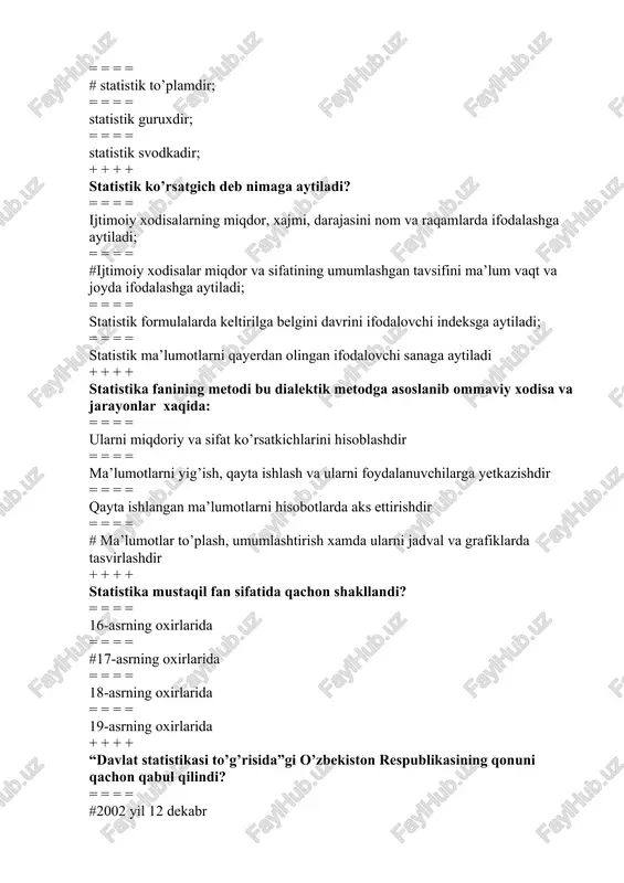 h joyi, kadrlar tanlash va o’qitish = = = = kuzatish varaqalarini ko’paytirish va tarqatish + + + + statistik kuzatishning tashkiliy masalalariga quyidagilar kiradi: = = = = # kuzatish organi, vaqti va muddati = = = = kuzatish maqsadi va vazifalari = = = = kuzatish dasturi, ob’ekti va birligi = = = = kuzatish formulyarlari va yo’riqnomalari + + + + kuzatish birligi deganda nimani tushinasiz? = = = = hisobga olinishini belgilash uchun qabul qilingan miqdoriy meyor = = = = boshlang’ich unsir, birlik bo’lib, kuzatishda uning belgilari qayd qilinadi = = = = # kuzatish jarayonida ma’lumot olinadigan mustaqillikka ega birlik = = = = o’rganilayotgan xodisa va jarayonlar to’plami + + + + kuzatishning hisob birligi deganda nima tushiniladi? = = = = o’rganilayotgan xodisa va jarayonlar to’plami = = = = hisobga olinishini belgilash uchun qabul qilingan miqdoriy mehyor = = = = …