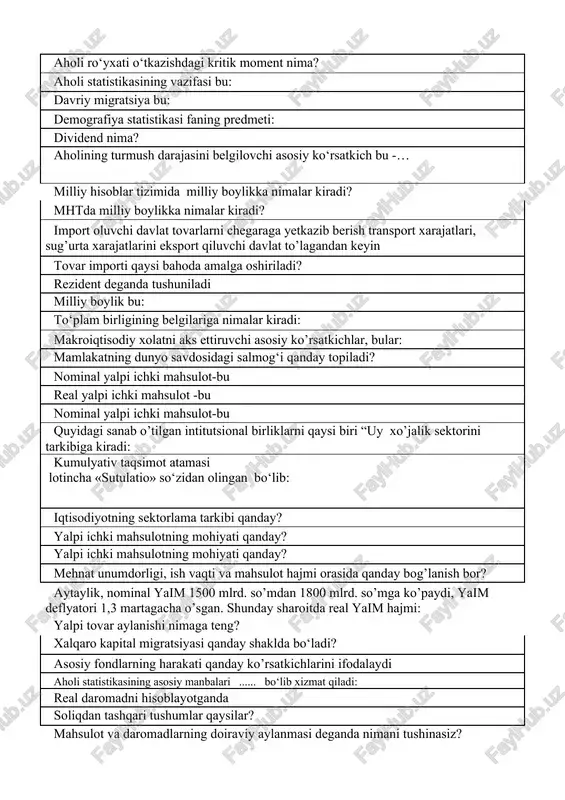 i qancha bo'ladi? quyidagilar berilgan (mlrd. so’m) yaim- 480, yalpi investitsiya-80, uy xo’jaligi iste’moli-300, davlat xarajatlari-96, davlat byudjeti qoldig’i-3, sof investitsiya-30, simni hisoblang aktsiya nominal qiymati bo’yicha 1200 so’mga sotib olingan, dividend stavkasi 40% bo’lsa, dividend summasini aniqlang. iqtisodiyot quyidagi ma’lumotlar bilan ifodalangan: aholining umumiy soni 65mln. kishi; mehnat resurslari soni 44mln.kishi. ishsizlar soni 4mln. kishi. ish bilan bandlar soni 36 mln. kishi. bu holatda ishsizllik darajasi teng bo’ladi: aholi ro‘yxati o‘tkazishdagi kritik moment nima? aholi statistikasining vazifasi bu: davriy migratsiya bu: demografiya statistikasi faning predmeti: dividend nima? aholining turmush darajasini belgilovchi asosiy ko‘rsatkich bu -… milliy hisoblar tizimida milliy boylikka nimalar kiradi? mhtda milliy boylikka nimalar kiradi? import oluvchi davlat tovarlarni chegaraga yetkazib berish transport xarajatlari, sug’urta xarajatlarini eksport qiluvchi davlat to’lagandan keyin tovar importi qaysi bahoda amalga oshiriladi? rezident deganda tushuniladi milliy boylik bu: to‘plam birligining belgilariga nimalar kiradi: makroiqtisodiy xolatni aks ettiruvchi asosiy ko’rsatkichlar, bular: mamlakatning dunyo …