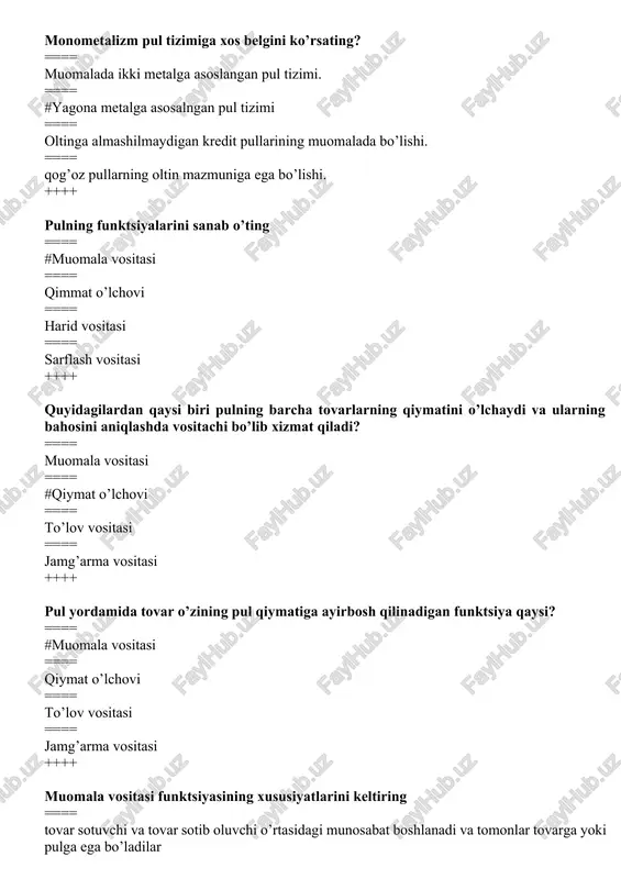 ning turlarini ko’rsating? ==== #valyuta, elektron pullar; kredit va qog’oz pullari ==== tahta pullar ==== pullarning turlri mavjud emas ==== yog’och pullari ++++ pulning qanday nazariyalari bor? ==== #pulning metallik va miqdoriylik nazariyasi ==== pulning nometallik nazariyasi ==== pulning nazariyasi mavjud emas ==== pulning nokensian nazariyasi ++++ naqd pulsiz va naqd pul o’tkazish yo’li bilan amalga oshiriladigan to’lovlarning yig’indisi nima deyiladi? ==== pul tuzilishi ==== pul muomalasi ==== #pul aylanishi ==== pul ko’chirmasi ++++ jo’natilgan tovarlar va ko’rsatilgan xizmatlar uchun to’lovni kafolatlash oldida xisob kitoblarning kaysi shakldan foydalanilad? ==== to’lov topshiriqnomasi; ==== to’lov talabnomasi ==== plastik kartochka ==== #akkreditiv ++++ rozilik bildirish usuliga ko’ra aktsept ==== #ijobiy va salbiy ==== og’zaki ==== yozma ==== kichkina ++++ pulning aylanish tezligi kanday aniklanadi ==== rezerv pullarning pul massasiga nisbati orkali ==== pul massasining yalpi ichki maxsulotga nisbati orkali ==== #nominalyalpi ichkimaxsulotning urtacha yillik pul massasiga nisbati orkali ==== pul massasining nisbati orqali …