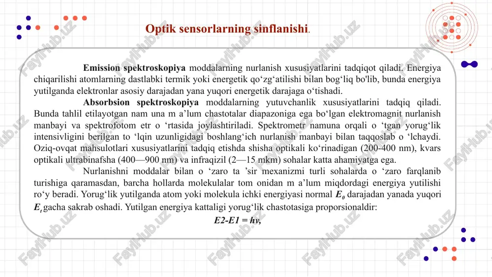 rsatkichlarni qabul qilishgan: pdk, dsd va dsp. pdk (“predelno-dopustimaya konsentratsiya” - ruxsat etilgan konsentratsiya chegarasi) yot moddalarni atmosferadagi, suvdagi, oziq-ovqat mahsulotlari tarkibidagi insonlar uchun zararsiz miqdori. dsd (“dopustimaya sutochnaya doza”) - ruxsat etilgan kundalik me’yor bo‘lib insonga umr bo‘yicha zarari bo‘lmaydi. dsp (“dopustimoe sutochnoe potreblenie” – ruxsat etilgan kundalik iste’moli) — ko‘rsatkich 60 kg massaga nisbatan beriladi. toksik elementlar. toksik elementlarga 14 element kiradi: hg, rb, cd, as, sb, cr, zr, a1, be, fe, cu, ba, sr, t1. bu elementlar zaharli bo‘lib, ba’zilari insonni normal faoliyati uchun zarur. bular ichida eng zaharli simob (hg), qo‘rg‘oshin (rb), kadmiy (cd) hisoblanadi. simob. simob — eng xavfli va zaharli element hisoblanadi. pdk: 0,0003 mg/m 3 havoda va 0,0005 mg/l suvda. qond tarkibida xavfsiz miqdori 50-100 mkg/l. inson 1 kunda 0,05 mg simobni qabul qiladi. inson organizmi simobni baliq mahsulotlaridan oladi. optik sensorlarning sinflanishi. qo‘rg‘oshin. eng ko‘p tarqalgan element bo‘lib xavfli toksikant hisoblanadi. oziq-ovqat …