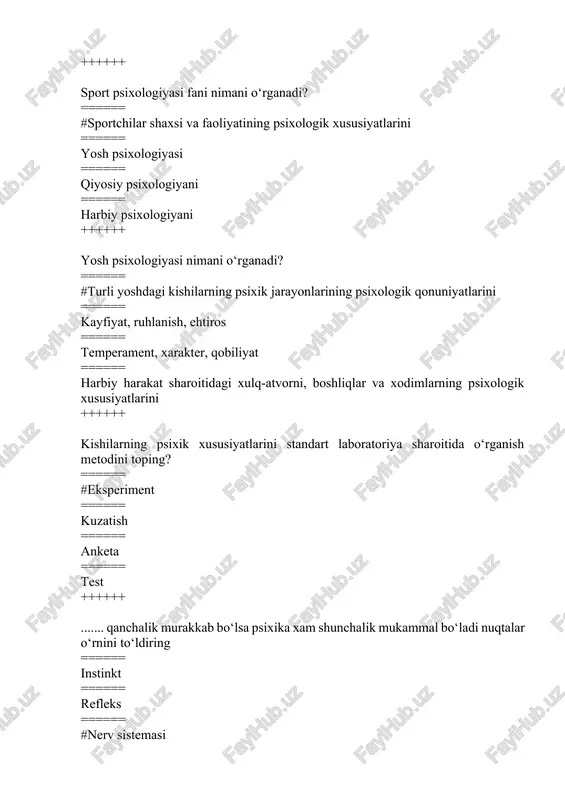 sistemasini va uning tajribasini, ya’ni qiziqishlarini, moyilliklarini, ideallarini, ustun darajadagi his-tuyg‘ulari ====== moyillik, xotira, tafakkur va xayol xususiyatlari, irodaviy zo‘r berish, tashqi ta’sirlarga beriluvchanlik ====== ideallarni, qiziqishlarni, xissiy irodaviy sifatlarini ko‘rsatuvchi psixologik omillar majmui. ++++++ psixologiya fan sifatida ====== ruhiy holatlarni o`rganadi ====== bizning sezgi, fikrlarimizni, his tuyg`ularimizni o`rganadi ====== #miya xossasi bo`lgan psixikani namoyon bo`lish va rivojlanish qonuniyatlarini, mexanizmlarini o`rganadi. ====== odam psixikasining rivojlanish qonuniyatlarini o`rganadi ++++++ shartli reflekslar – bu ====== shunday reaksiyaki uning yordamida organizm o`ziga notanish muhit sharoitiga moslashadi ====== #hayot davomida paydo bo`ladigan va notanish muhit sharoitiga moslashishni ta`minlaydigan xatti-harakat formalaridir ====== har bir individning hayotida paydo bo`lgan, o`zgaruvchan muxit sharoitiga dinamik moslashishni ta`minlaydigan, miyada shartli va shartsiz qo`zg`ovchilarning birdagina ta`sir etishi natijasida vujudga keladigan murakkab nerv bog`lanishlarining fiziologik asosiga ega bo`lgan xatti-harakat formasidir ====== tashqi muhitga moslashuvchanlik ++++++ ongli faoliyat ====== kishining muhitga bo`lgan har qanday munosabati ====== kishining ob`ektiv borliqni bilish bilan shartlangan …