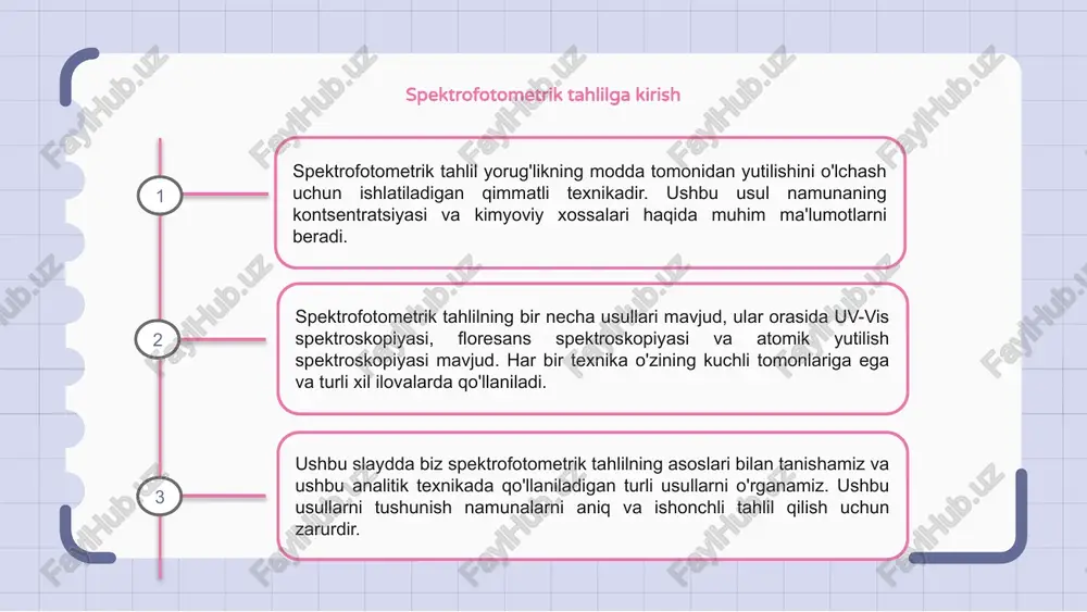 ktrofotometrik tahlil moddaning kontsentratsiyasi yoki tuzilishini aniqlash uchun so'rilgan yorug'lik miqdorini o'lchashni o'z ichiga oladi. u odatda oqsillar, nuklein kislotalar va fermentlar kabi biologik molekulalarni o'rganishda qo'llaniladi. spektrofotometrik tahlilning ba'zi ilovalari moddaning tozaligini aniqlash, namunada mavjud bo'lgan muayyan birikma miqdorini aniqlash va real vaqt rejimida kimyoviy reaktsiyaning borishini kuzatishni o'z ichiga oladi. spektrofotometrik tahlilning turli usullari uv-vis spektroskopiyasi, floresans spektroskopiyasi va infraqizil spektroskopiyani o'z ichiga oladi, ularning har biri har xil turdagi birikmalar va molekulalarni o'rganish uchun o'ziga xos afzalliklarga ega. spektrofotometriya yordamida miqdoriy tahlil spektrofotometrik tahlil miqdoriy tahlil uchun kuchli vosita bo'lib, olimlarga molekulalarning kontsentratsiyasini yorug'likni yutish darajasiga qarab o'lchash imkonini beradi. keng tarqalgan usullardan biri namunaning ma'lum bir to'lqin uzunligidagi absorbsiyasini aniqlash uchun spektrofotometrdan foydalanishdir, keyin uni kalibrlash egri chizig'i orqali konsentratsiyaga bog'lash mumkin. spektrofotometriya tamoyillarini tushunish va to'g'ri texnikani qo'llash orqali olimlar namunadagi turli birikmalarning kontsentratsiyasini aniq va aniq o'lchashlari mumkin. spektrofotometriya yordamida sifatli tahlil spektrofotometriya yordamida …